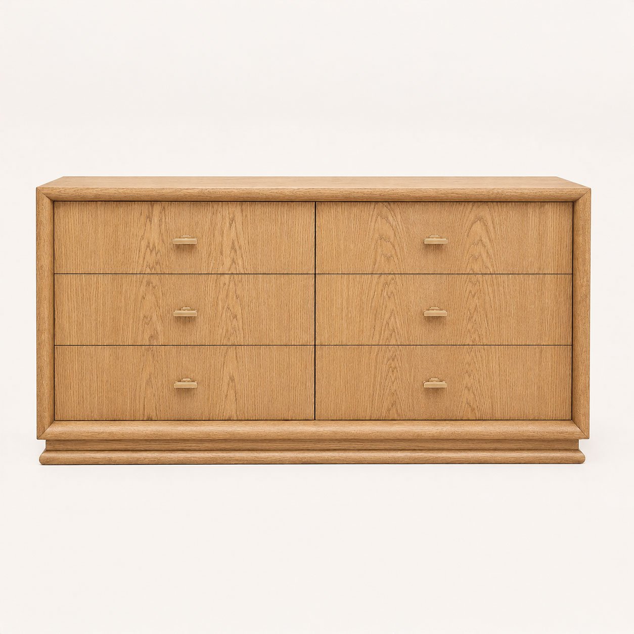 Chest of Drawers 02 in natural oak, front view with six drawers and brass handles