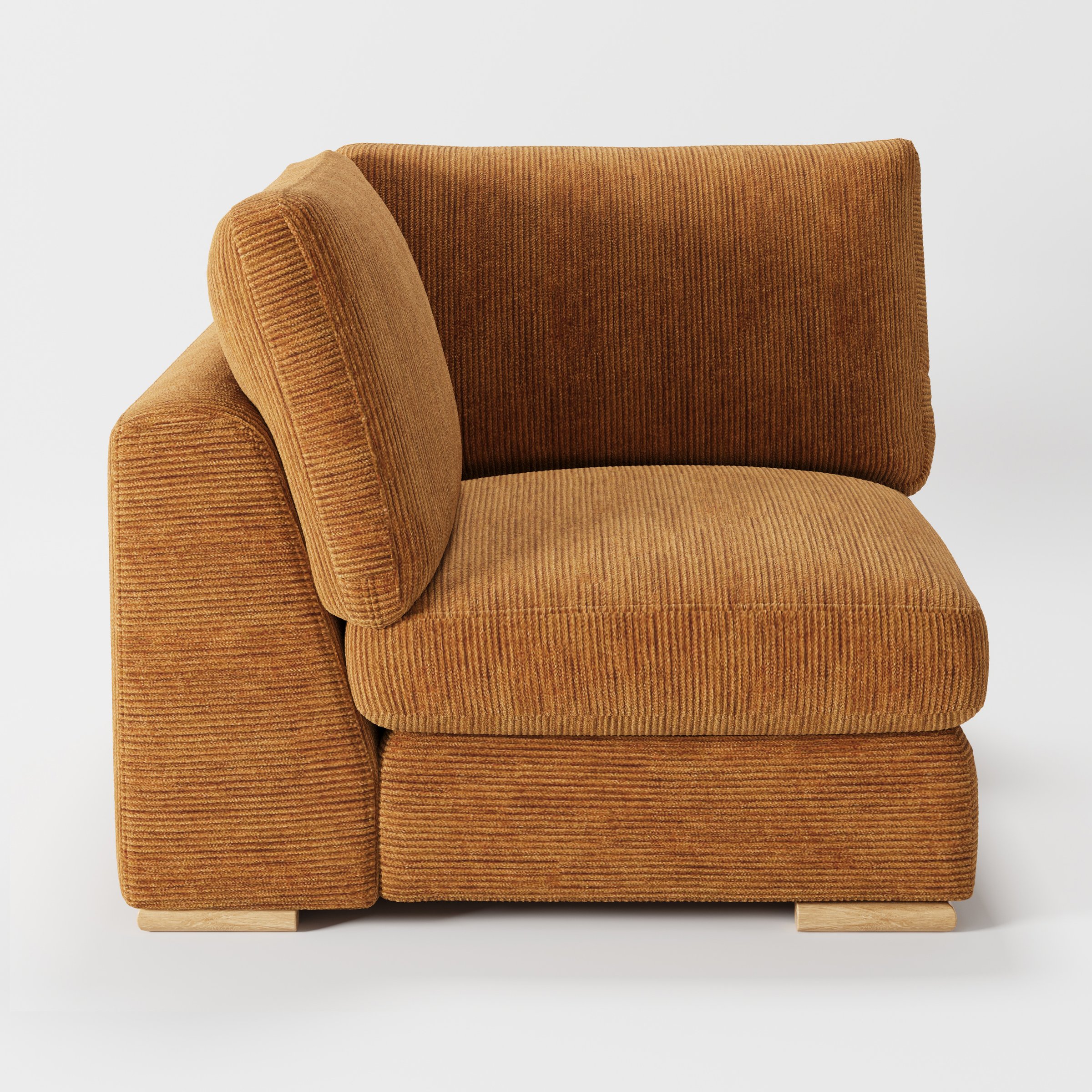Olton corner unit in Caldey velvet corduroy tobacco fabric, left side view highlighting arm profile and textured upholstery