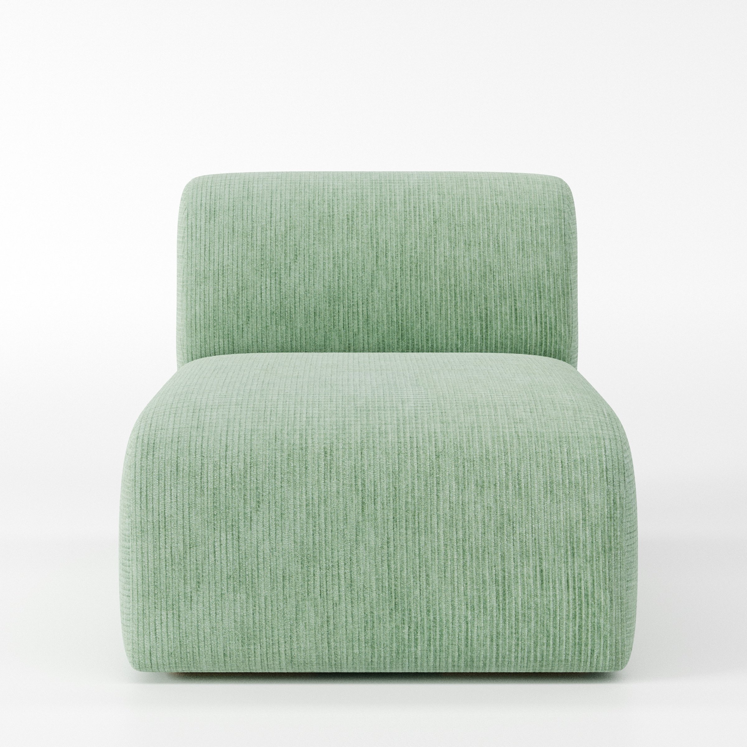 Drumquin modular sofa single unit in Caldey Velvet Corduroy Eucalyptus shown from the front with a low, deep seat and softly curved backrest.