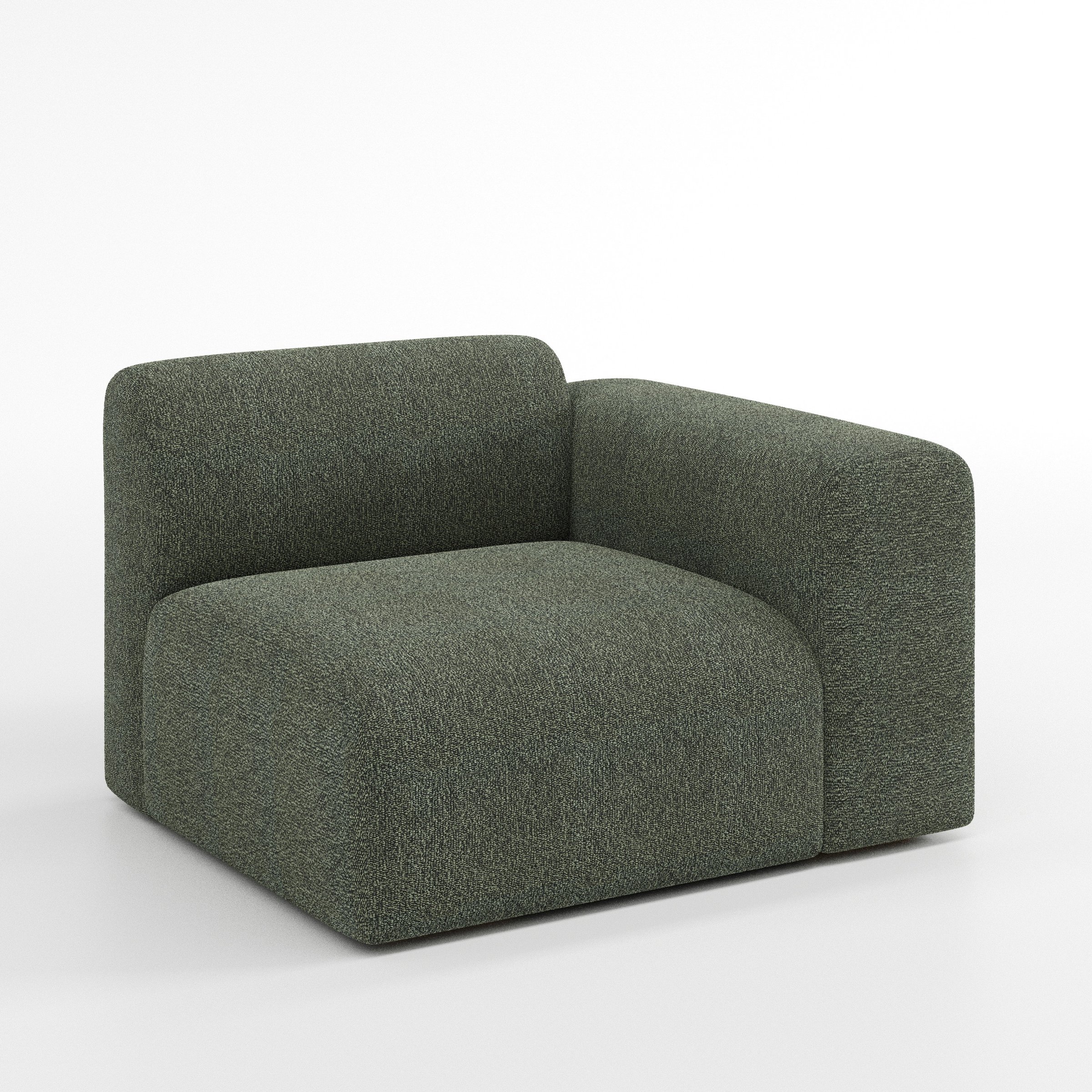 Drumquin modular sofa right side unit in Kilda Bouclé Moss shown at a diagonal angle highlighting the curved right armrest and generous seat depth.