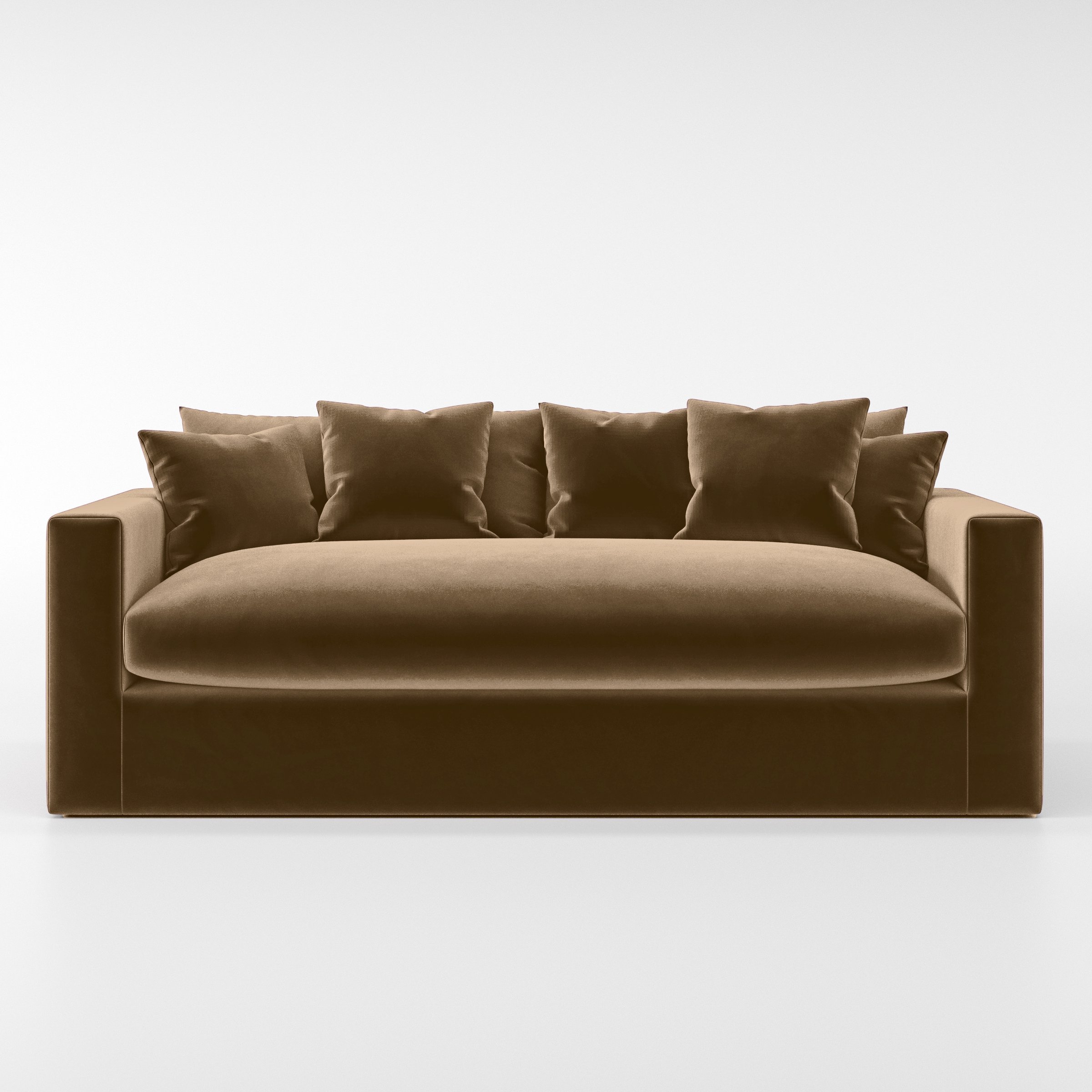 Front view of the Coniston sofa upholstered in Plush EasyClean Velvet in Caribou.