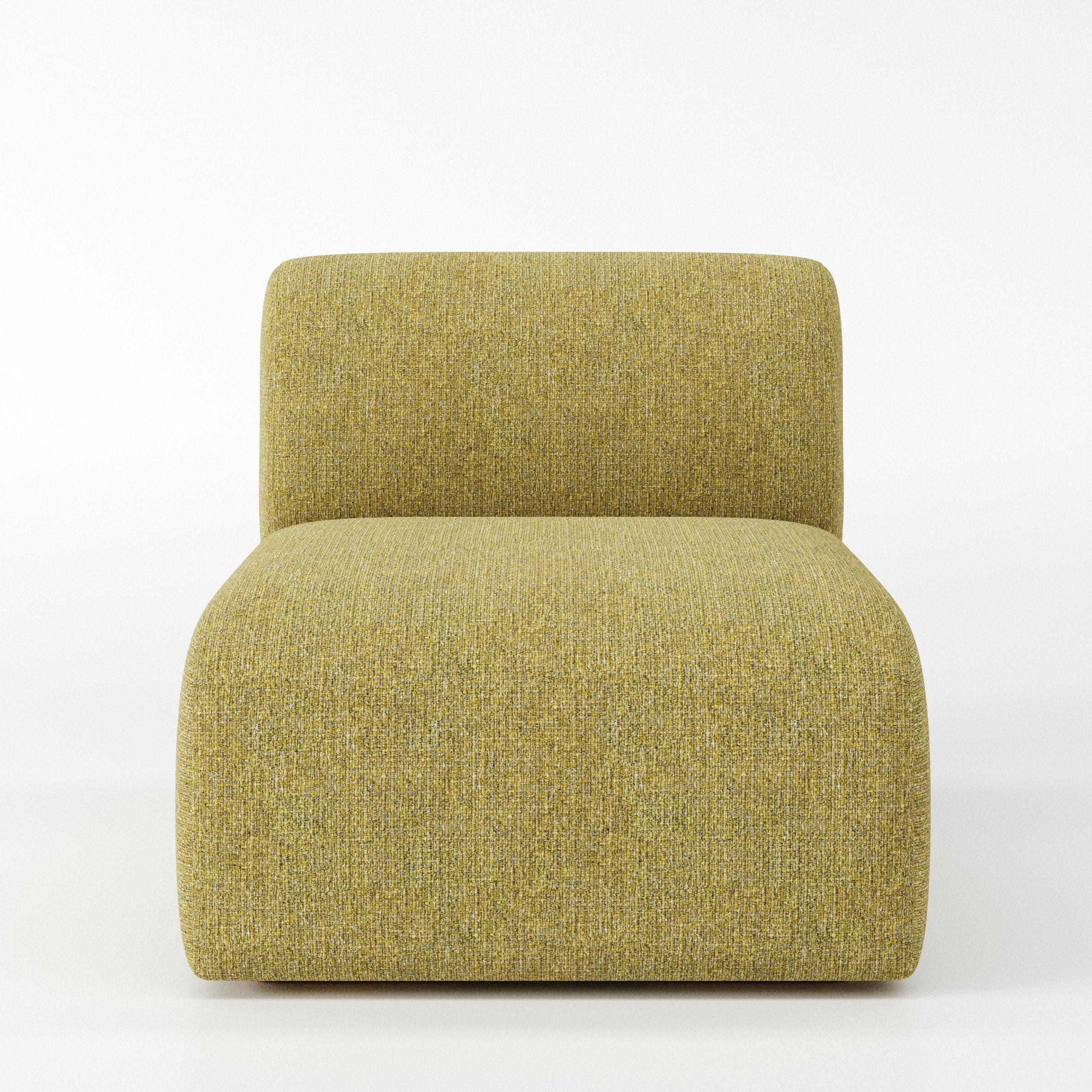 Drumquin modular sofa single unit in Heyling Tweed Sencha shown from the front with a low, deep seat and softly curved backrest.