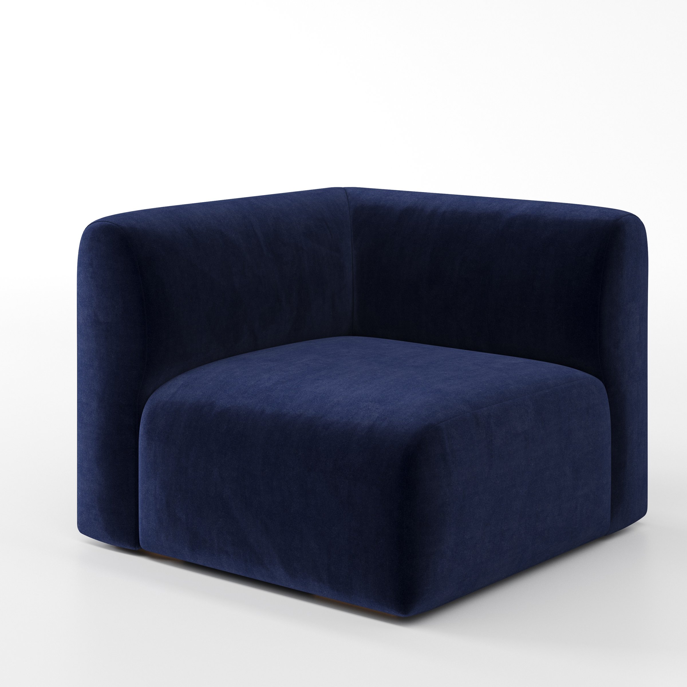 Drumquin modular sofa corner unit in Noss Velvet Navy shown at a diagonal angle highlighting the curved corner backrest and deep, enveloping seat.