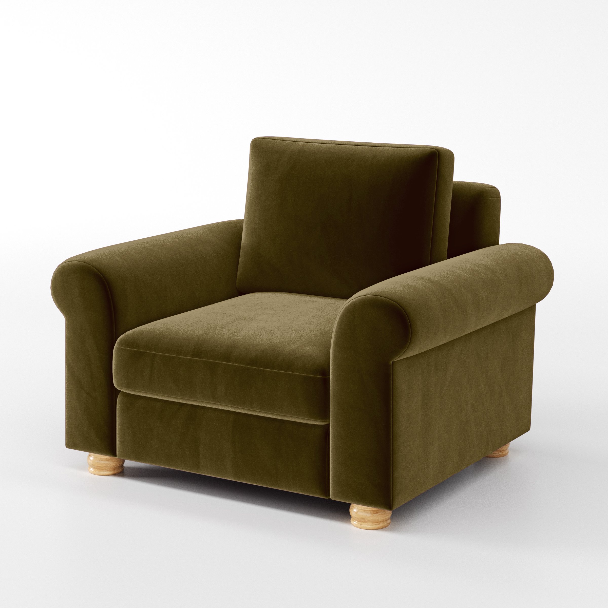 Diagonal view of the Anna Lee armchair upholstered in Plush EasyClean Velvet in Cedar.