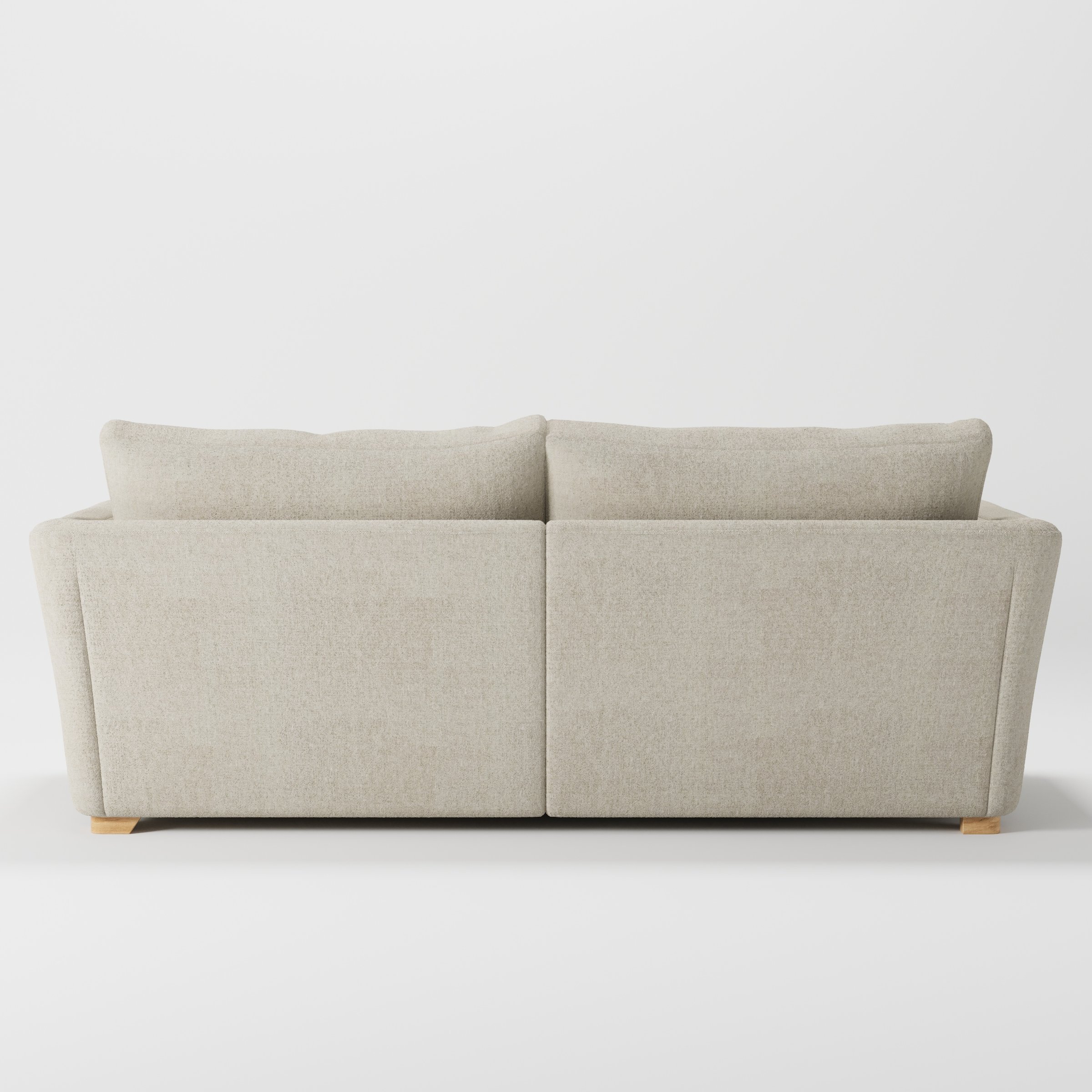 Stowe sofa in Alderney Linen Oatmeal shown from the rear highlighting back cushions and upholstery finish.