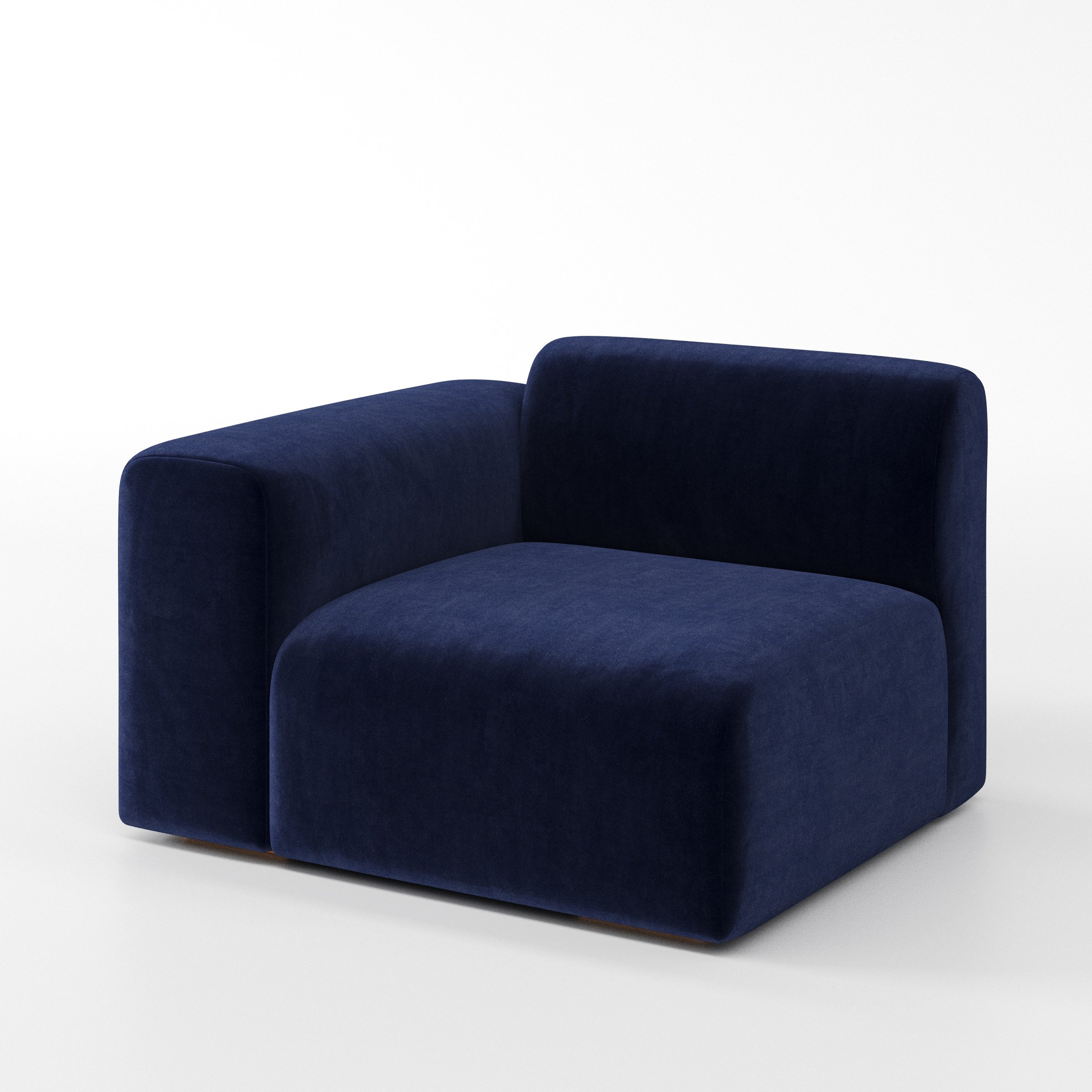 Drumquin modular sofa left side unit in Noss Velvet Navy shown at a diagonal angle highlighting the curved left armrest and generous seat depth.