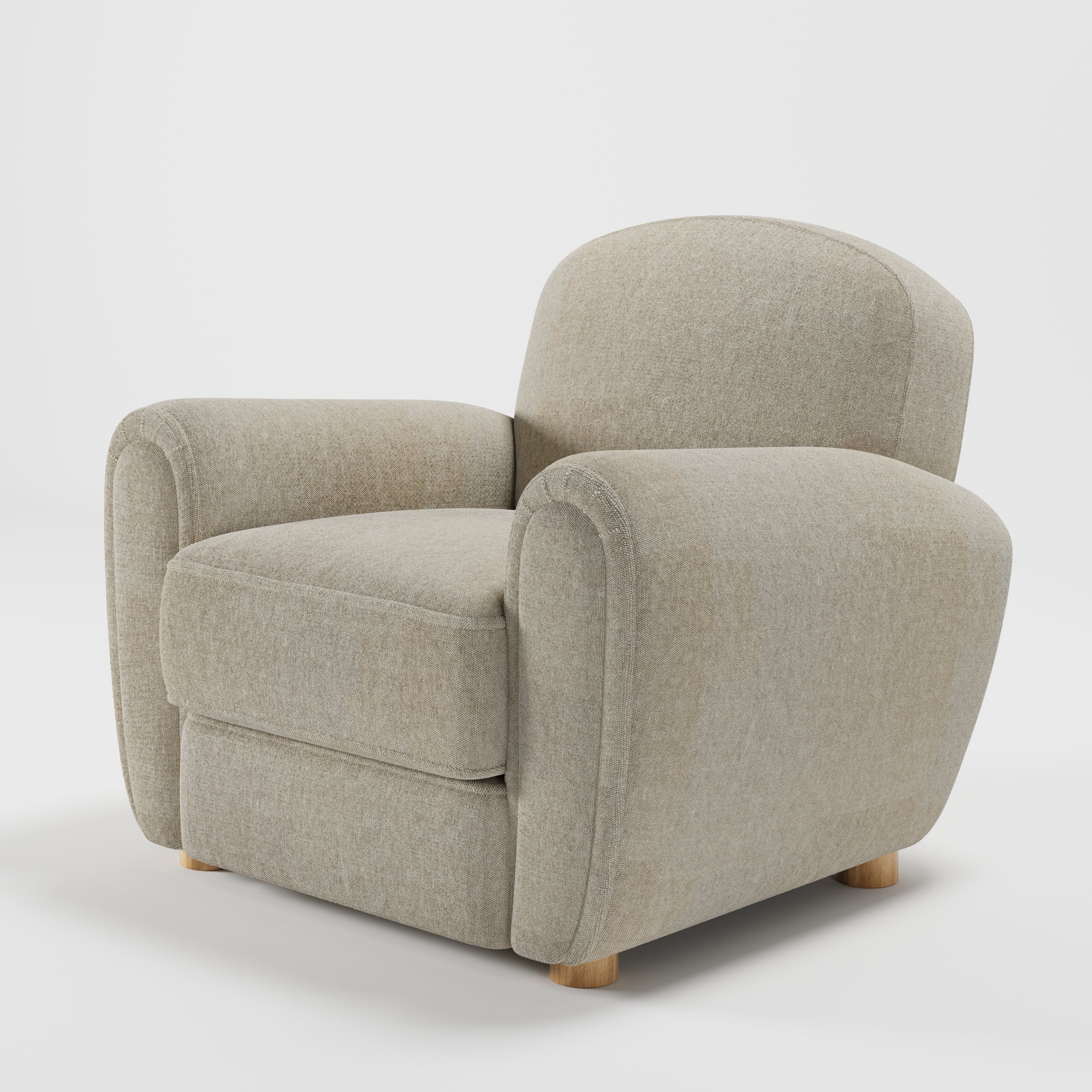 Fergus armchair in Alderney Linen Oatmeal shown at a diagonal angle highlighting rounded arms and seat depth.