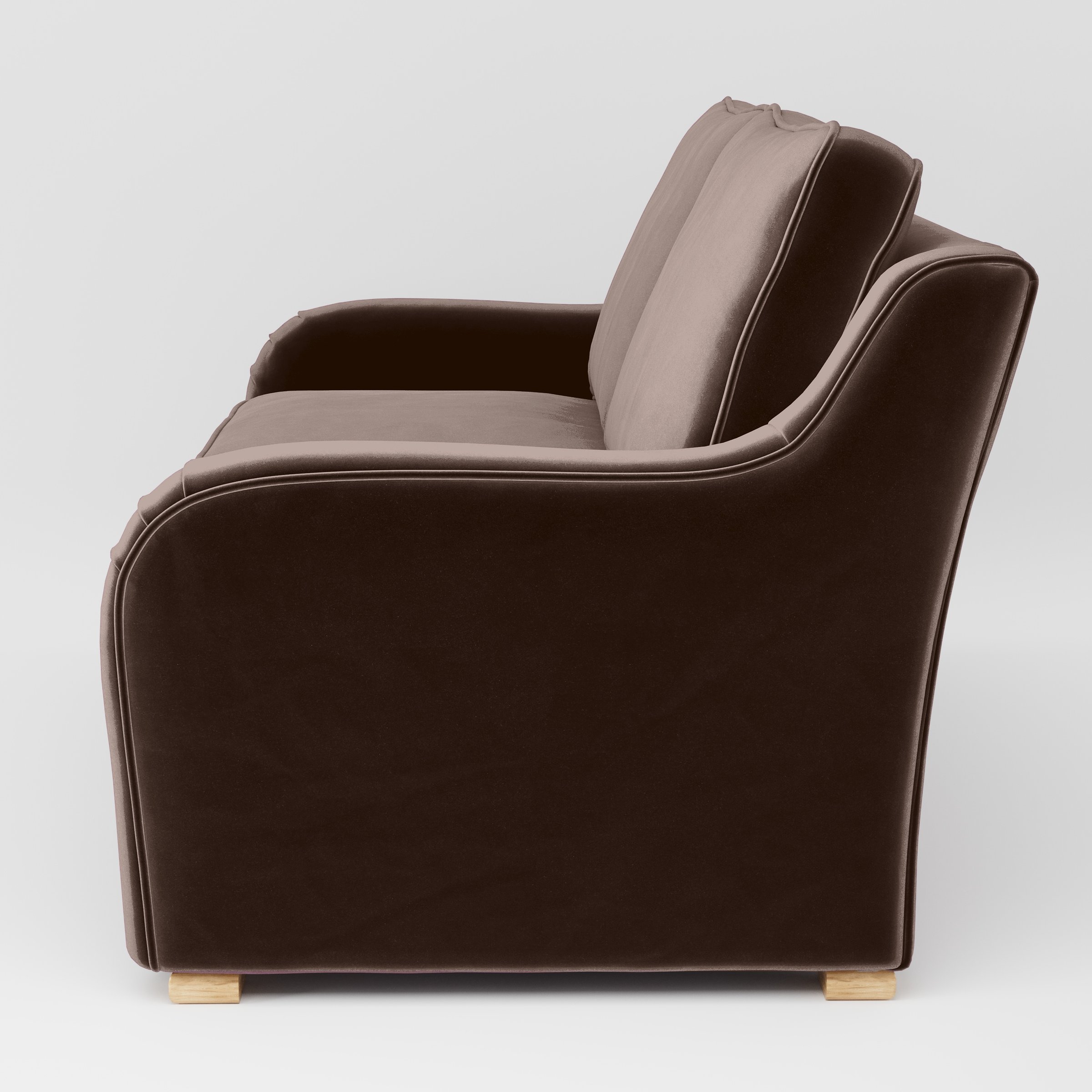 Side view of the Cashel sofa upholstered in Plush EasyClean Velvet in Mole.