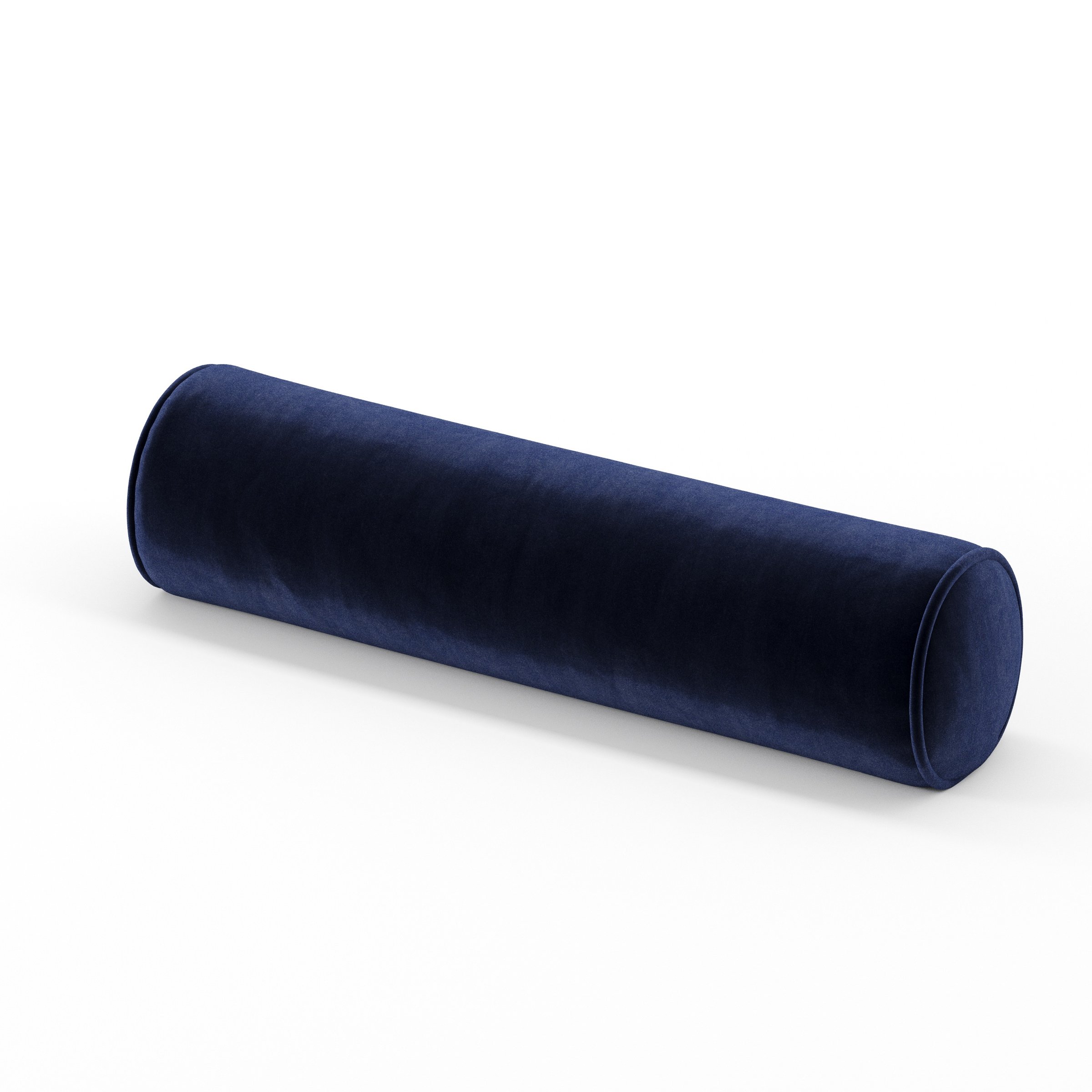 Ledger cushion in Noss Velvet Navy, cylindrical bolster cushion in rich navy velvet, size 14cm x 56cm