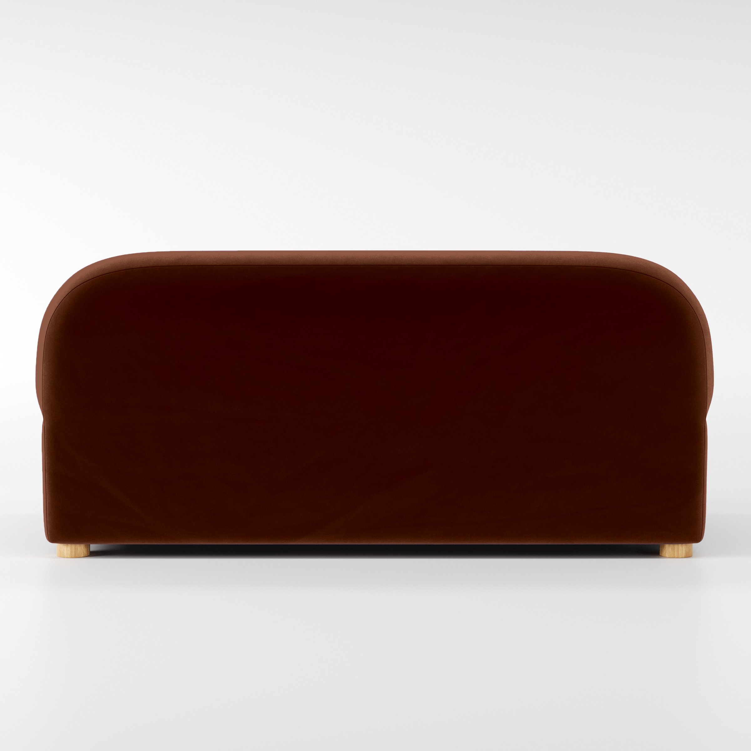 Rear view of the Awe sofa upholstered in Plush EasyClean Velvet in Maple.