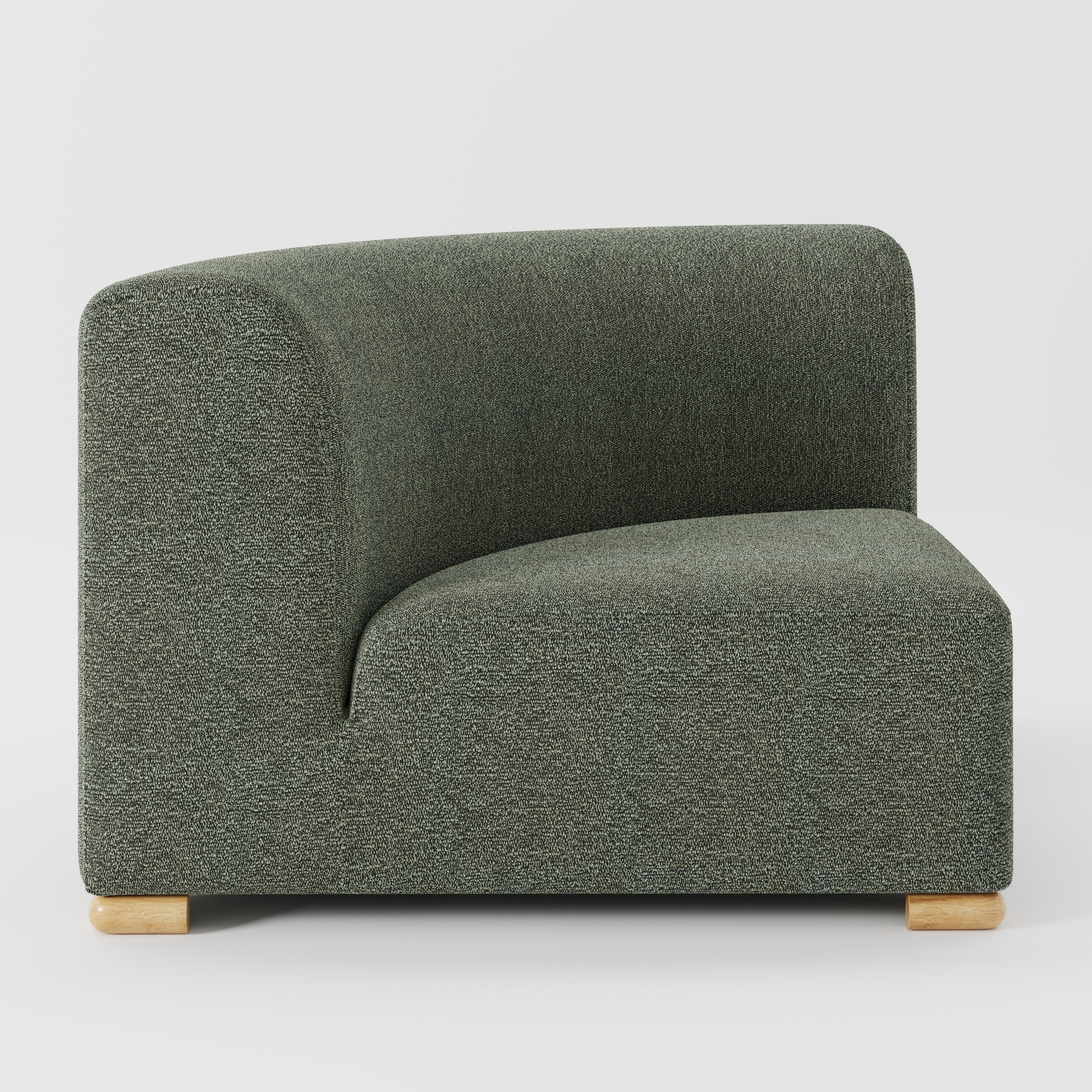 Tay corner sofa unit in Kilda Bouclé Moss shown from the side highlighting the curved backrest and deep seat with timber feet.