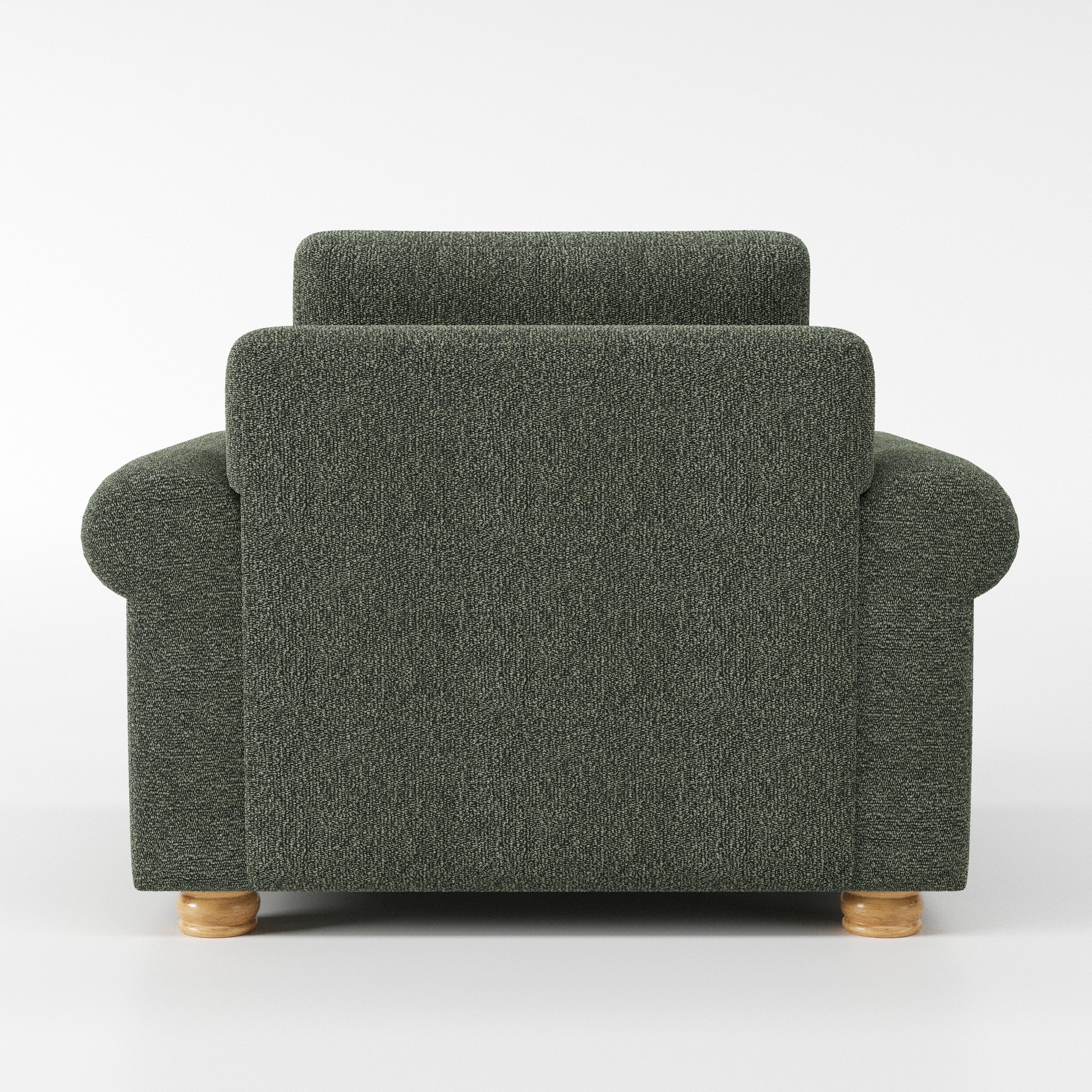 Anna Lee armchair in Kilda Boucle Moss shown from the rear highlighting backrest shape and upholstery finish.