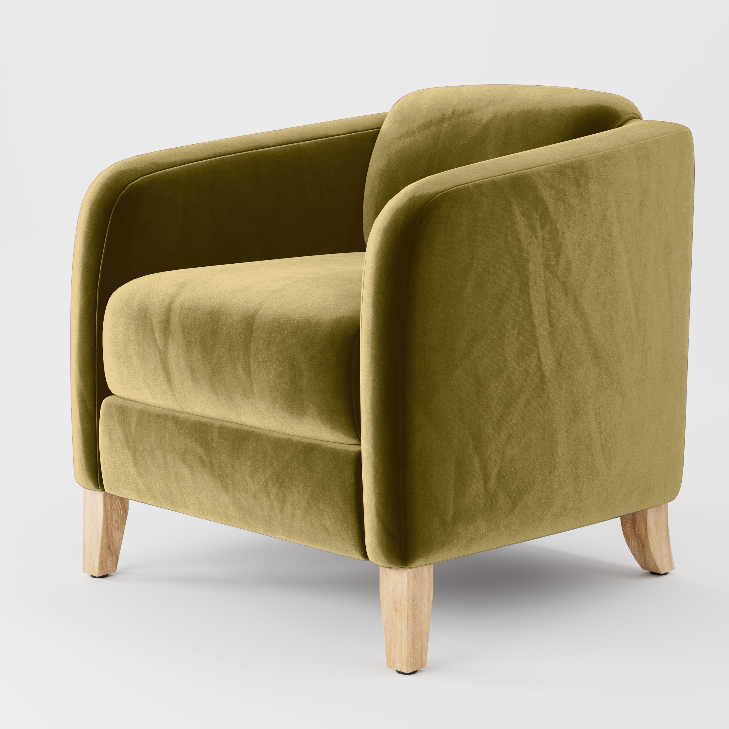 Diagonal view of the Erne armchair upholstered in Plush EasyClean Velvet in Celery.