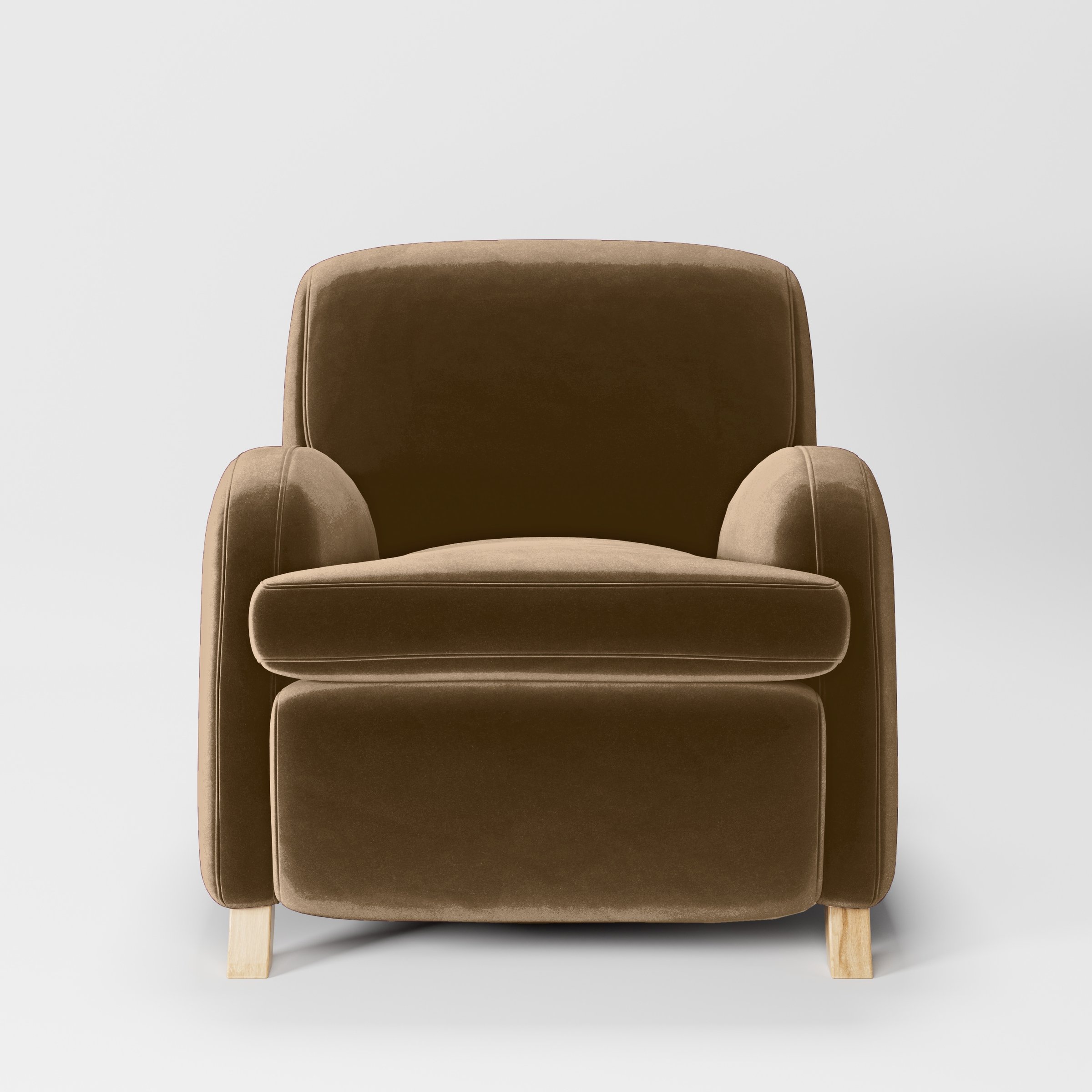 Front view of the Rye armchair upholstered in Plush EasyClean Velvet in Caribou.