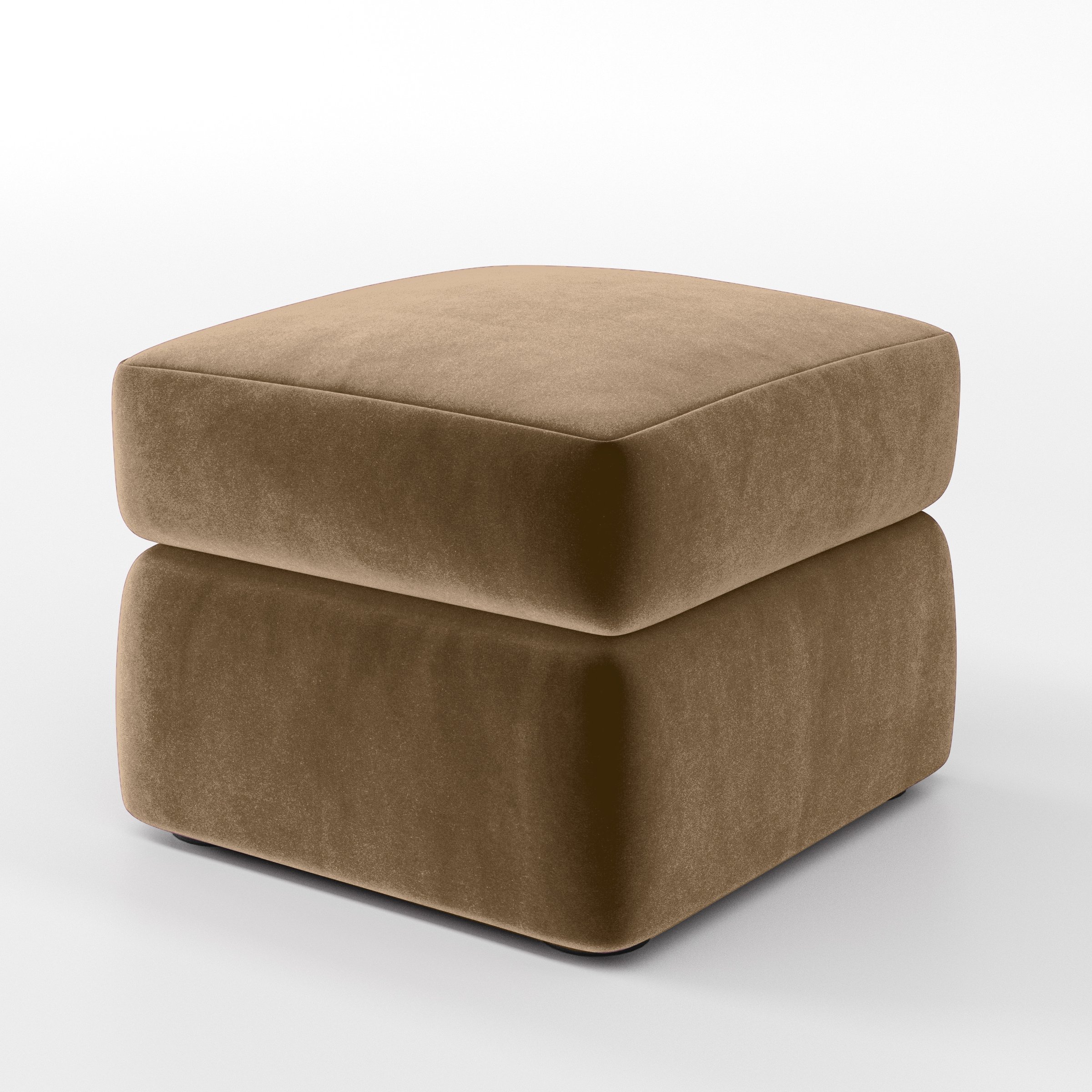 Diagonal view of the Coniston footstool upholstered in Plush EasyClean Velvet in Caribou.