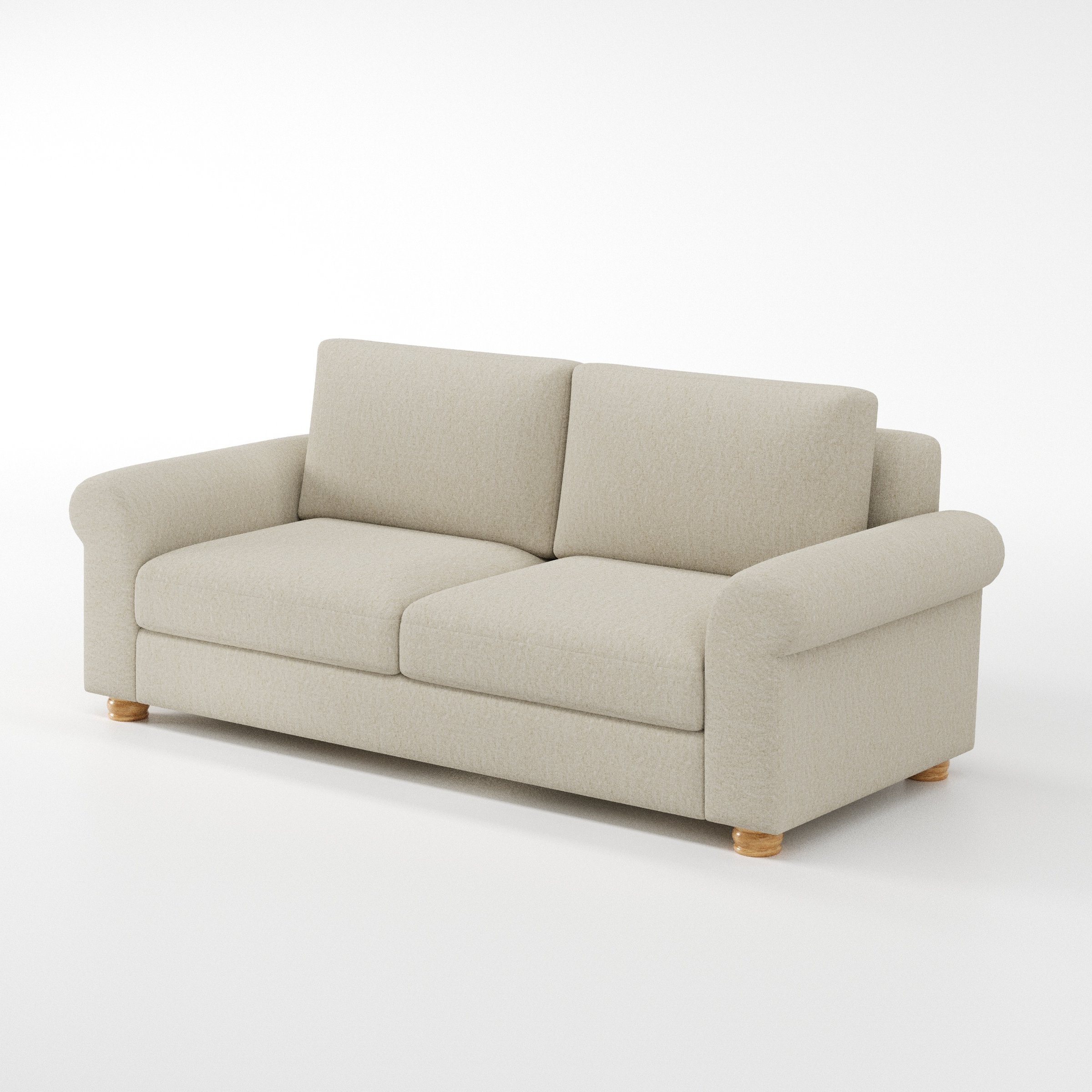 Anna Lee sofa in Alderney Linen Oatmeal shown at a diagonal angle highlighting arm profile and seat depth.