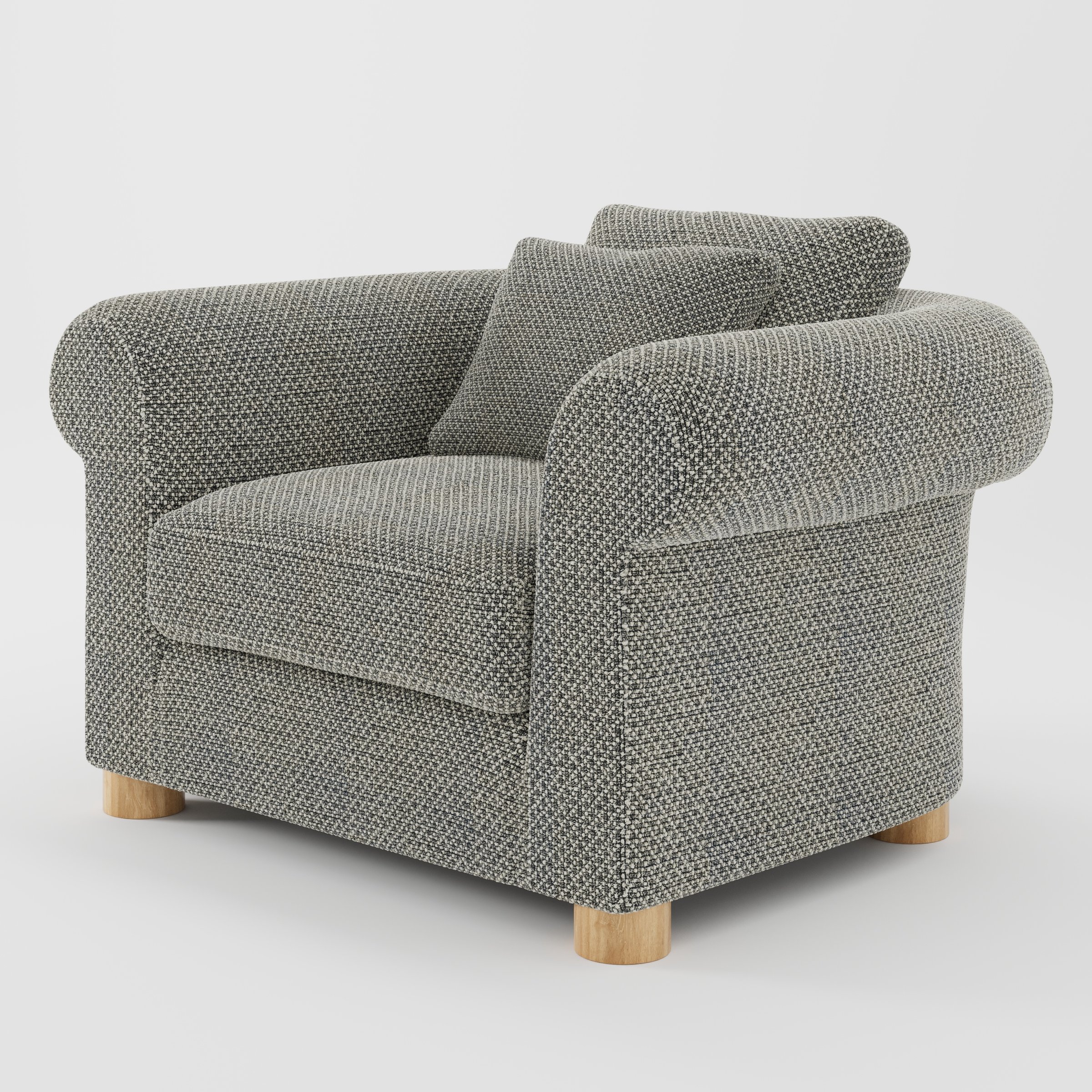 Windermere armchair in Rousay Wool Blend Tar and Chalk shown at a diagonal angle highlighting rounded arms and relaxed seat depth.