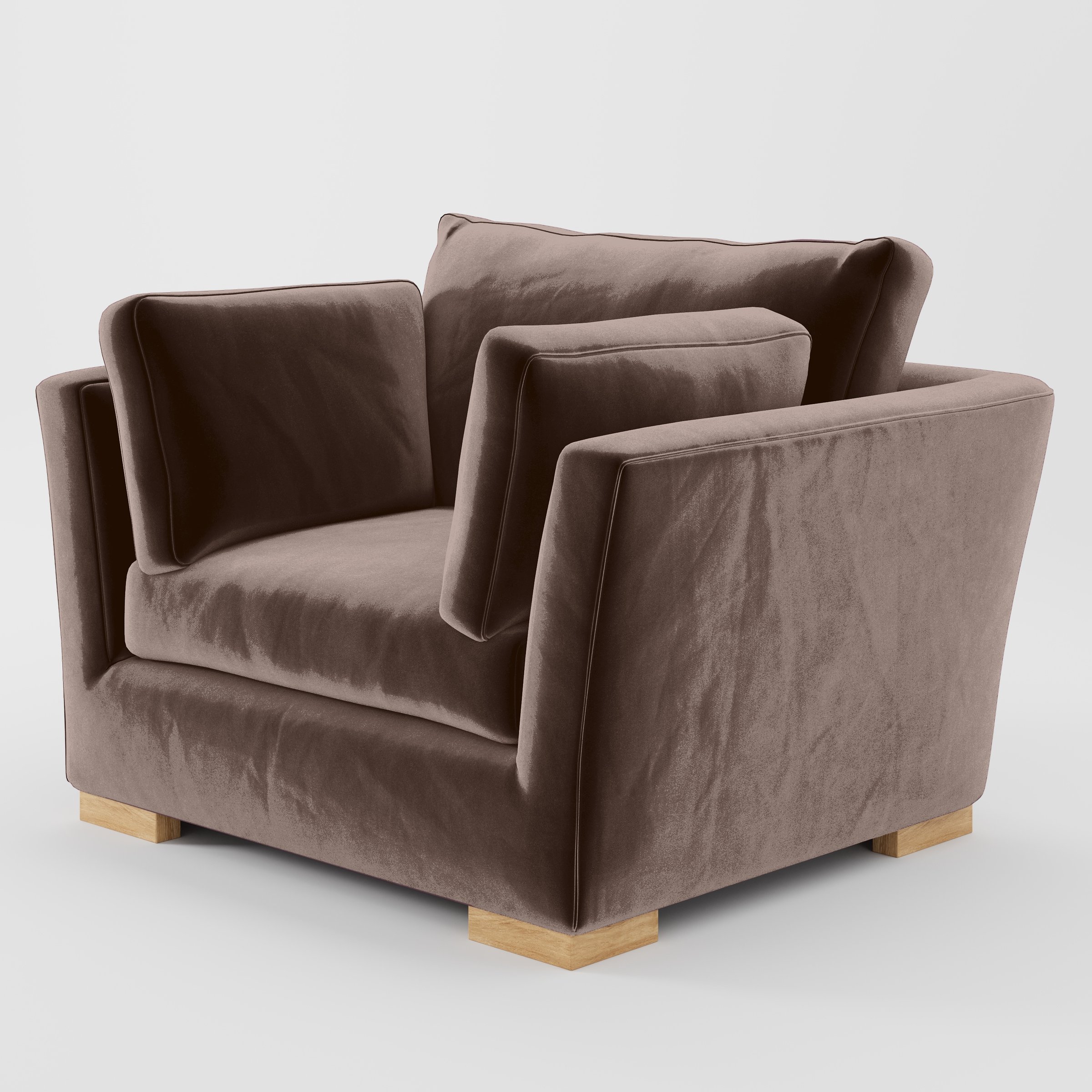 Diagonal view of the Stowe armchair upholstered in Plush EasyClean Velvet in Mole.