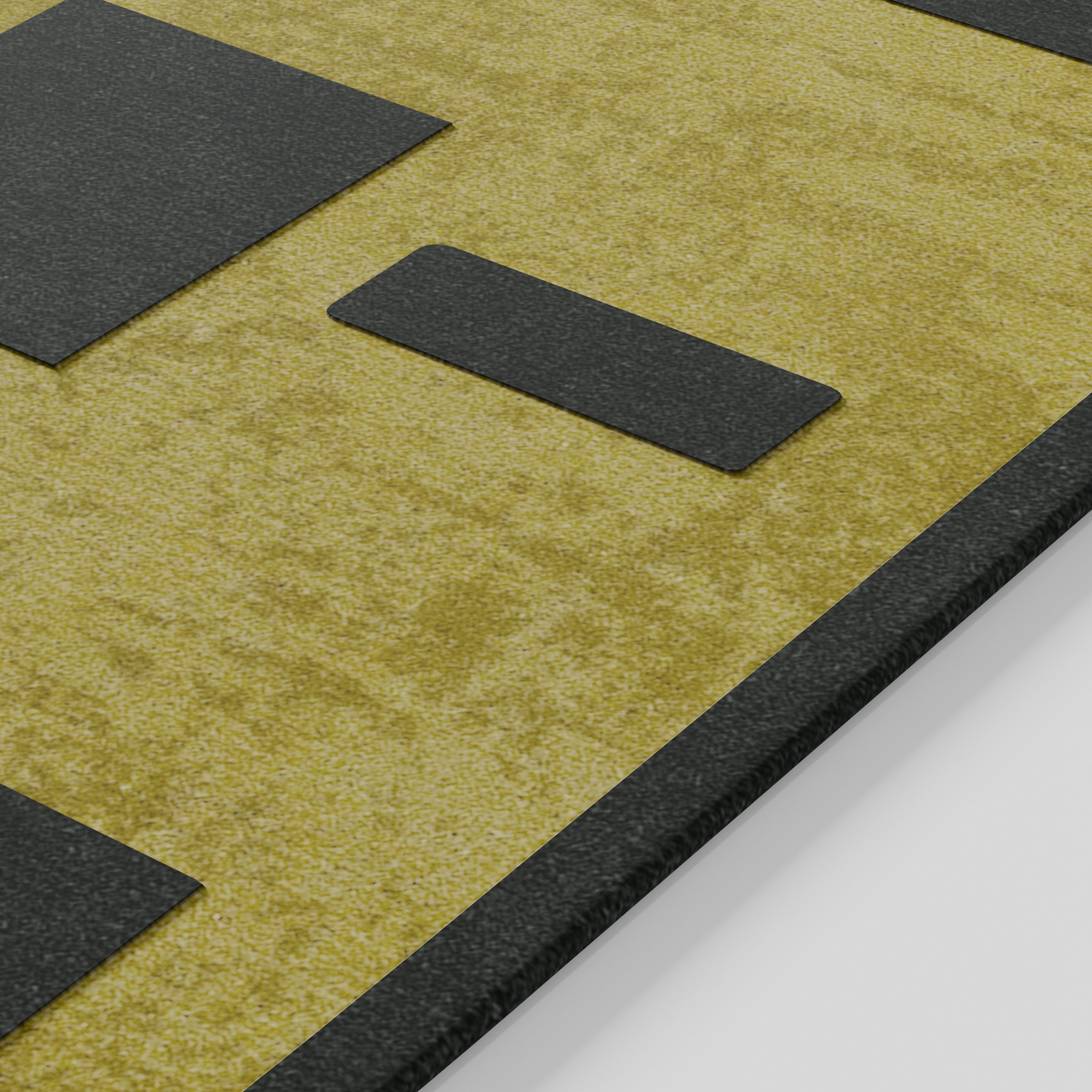 Wye rug in green and black with bold geometric pattern, angled corner detail highlighting pile variation and border edge, hand tufted wool and viscose blend