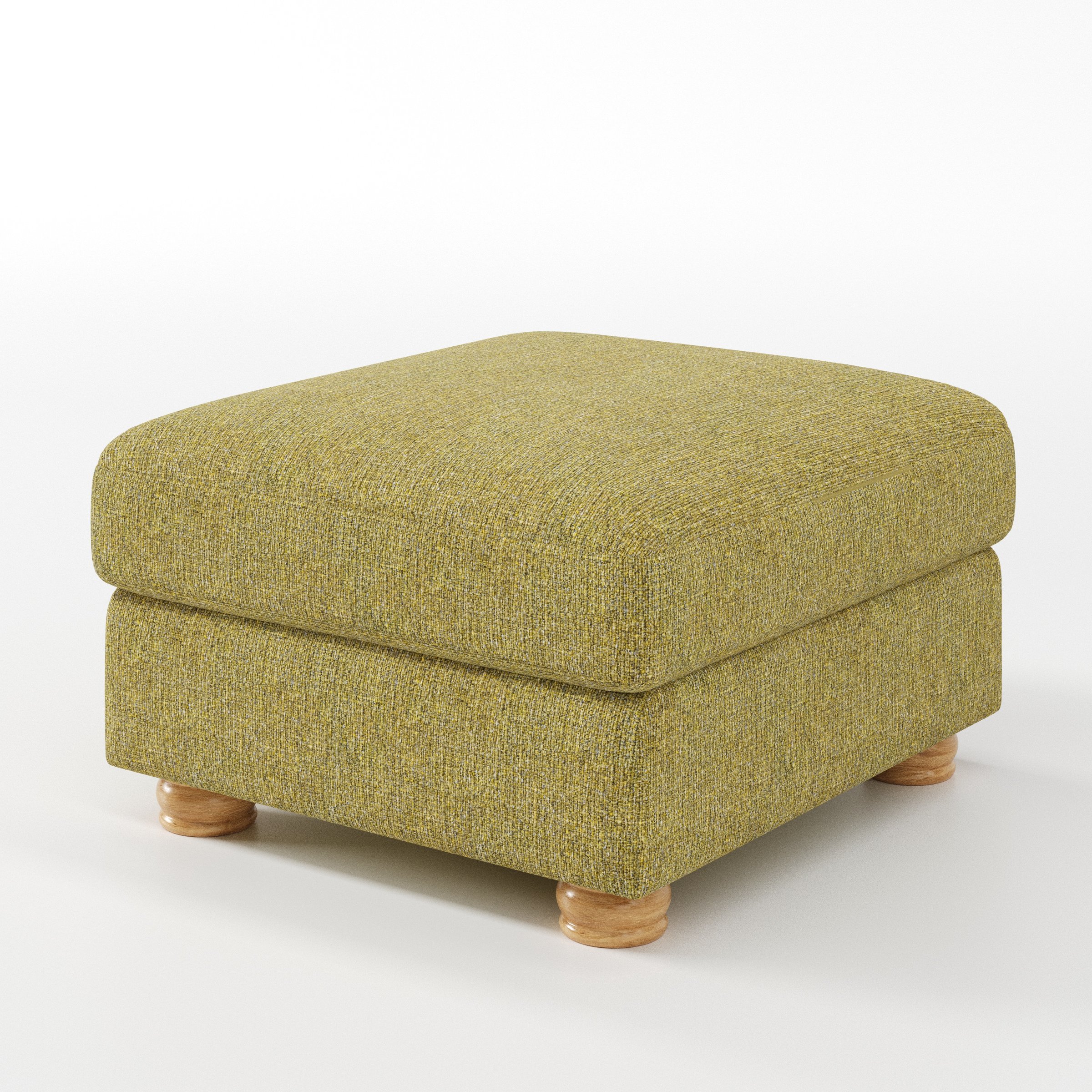 Anna Lee footstool in Heyling Tweed Sencha shown at a diagonal angle highlighting soft cushioning and turned wooden feet.