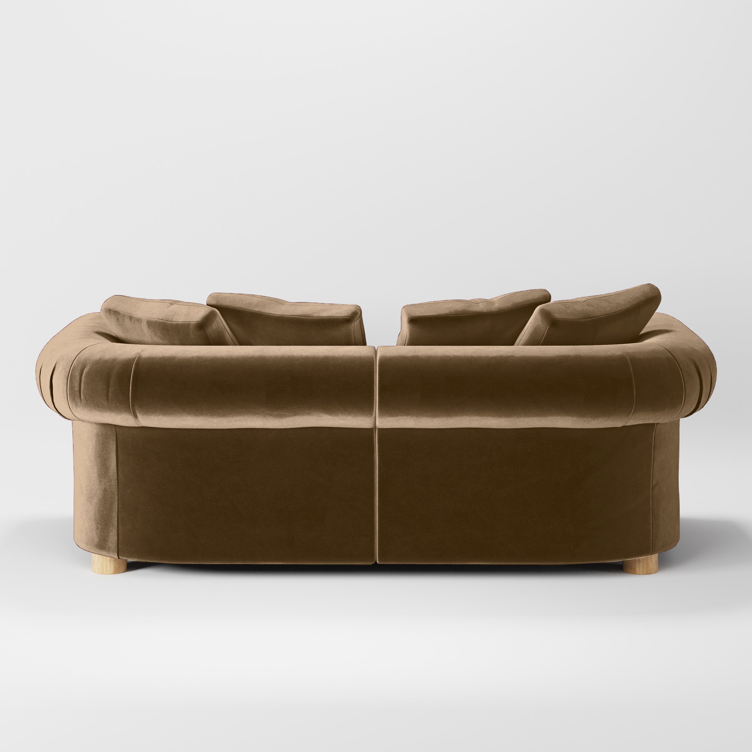Rear view of the Windermere sofa upholstered in Plush EasyClean Velvet in Caribou.