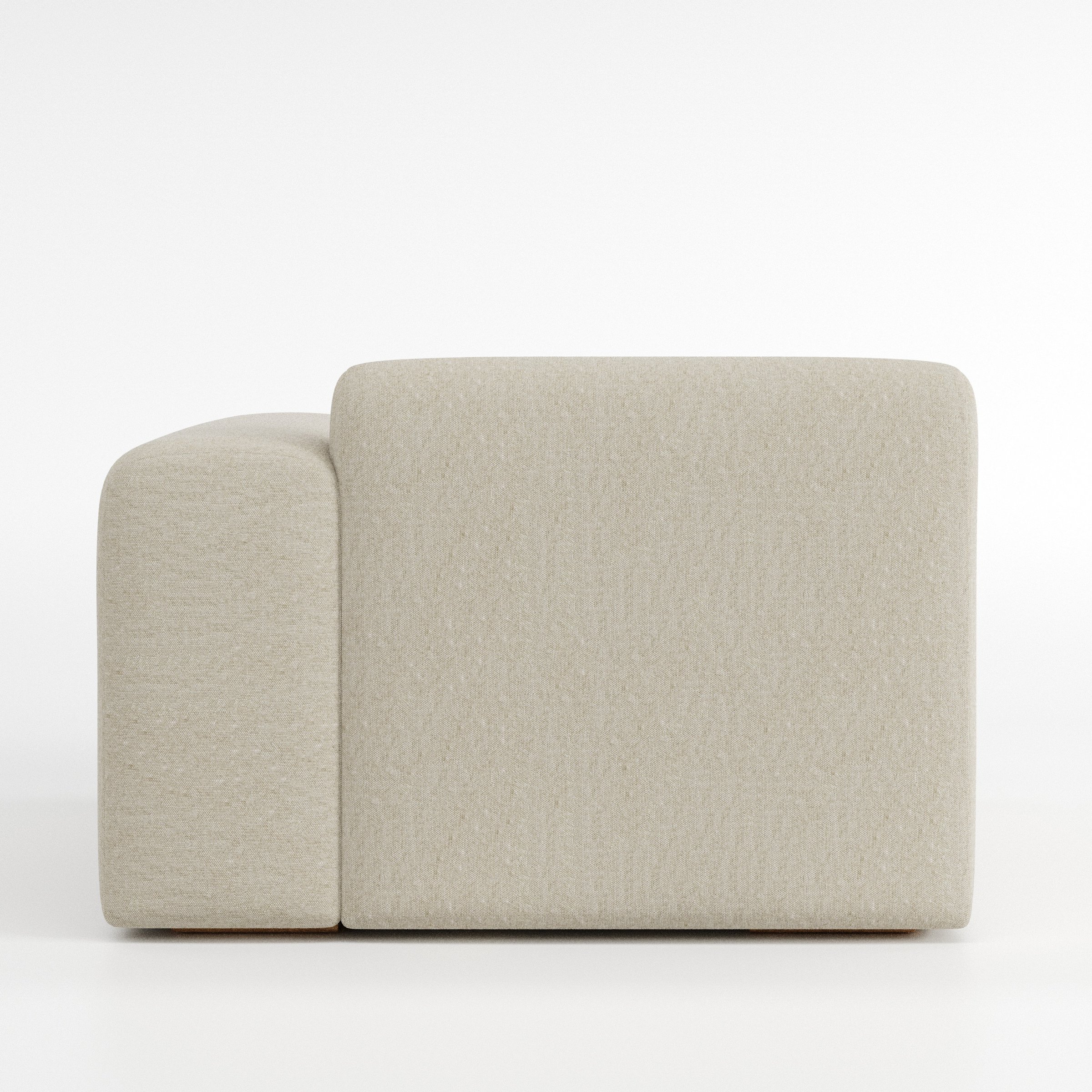Drumquin modular sofa right side unit in Alderney Linen Oatmeal shown from the back with a smooth, softly curved silhouette and armrest edge visible.