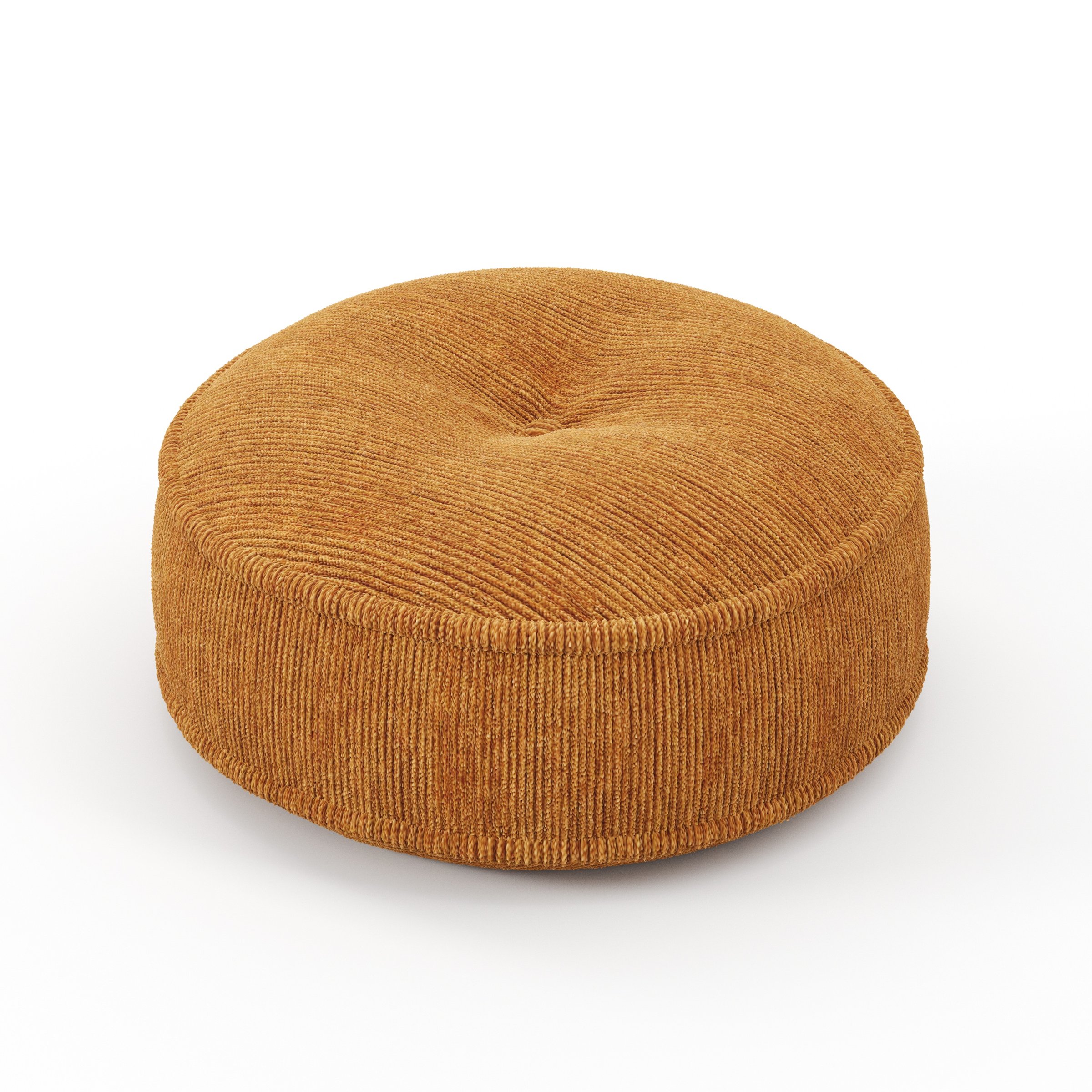 Cove cushion in Caldey Velvet Corduroy Tobacco, round tufted cushion with border and piping in warm tobacco corduroy velvet with central tuft detail, size 40cm x 8.75cm