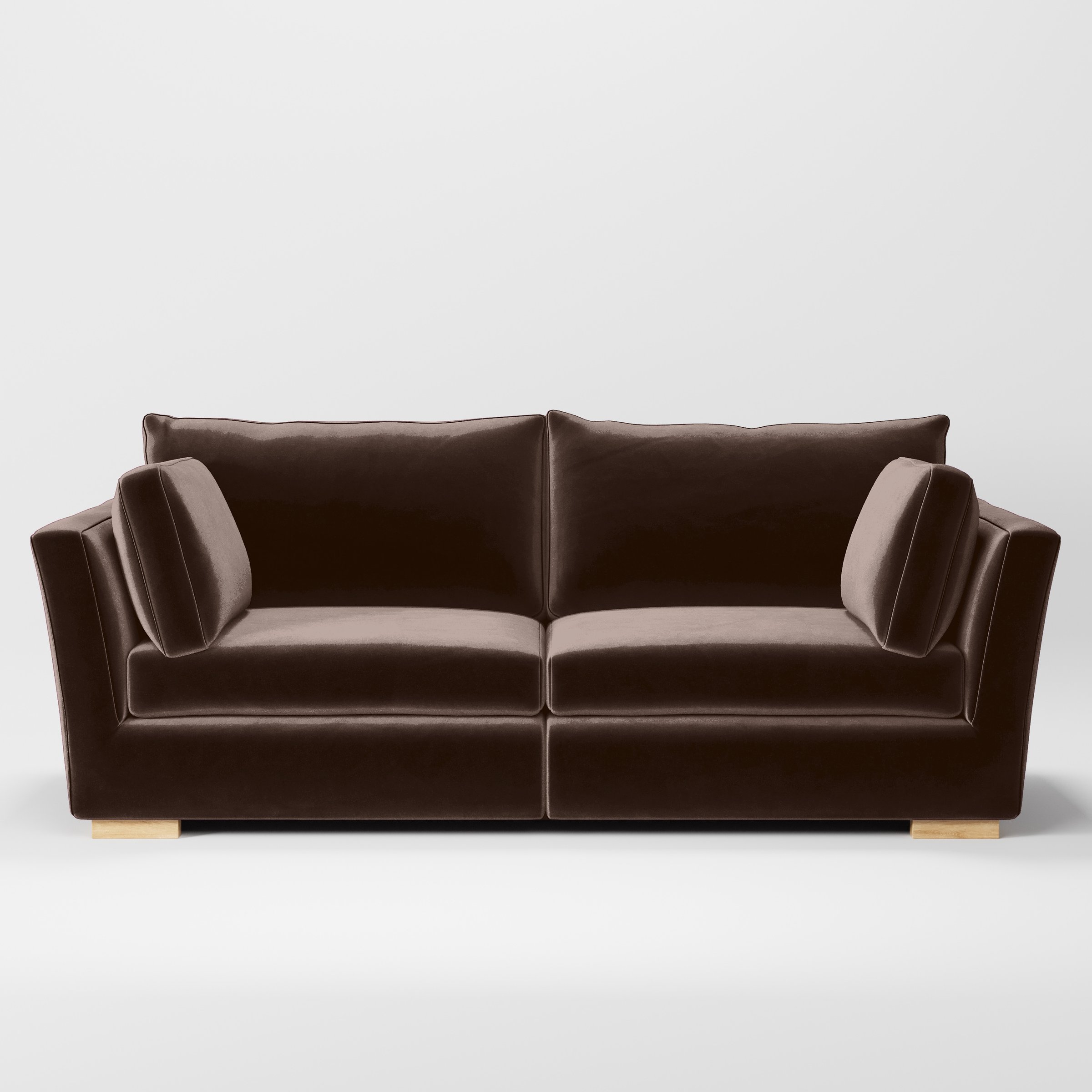 Front view of the Stowe sofa upholstered in Plush EasyClean Velvet in Mole.
