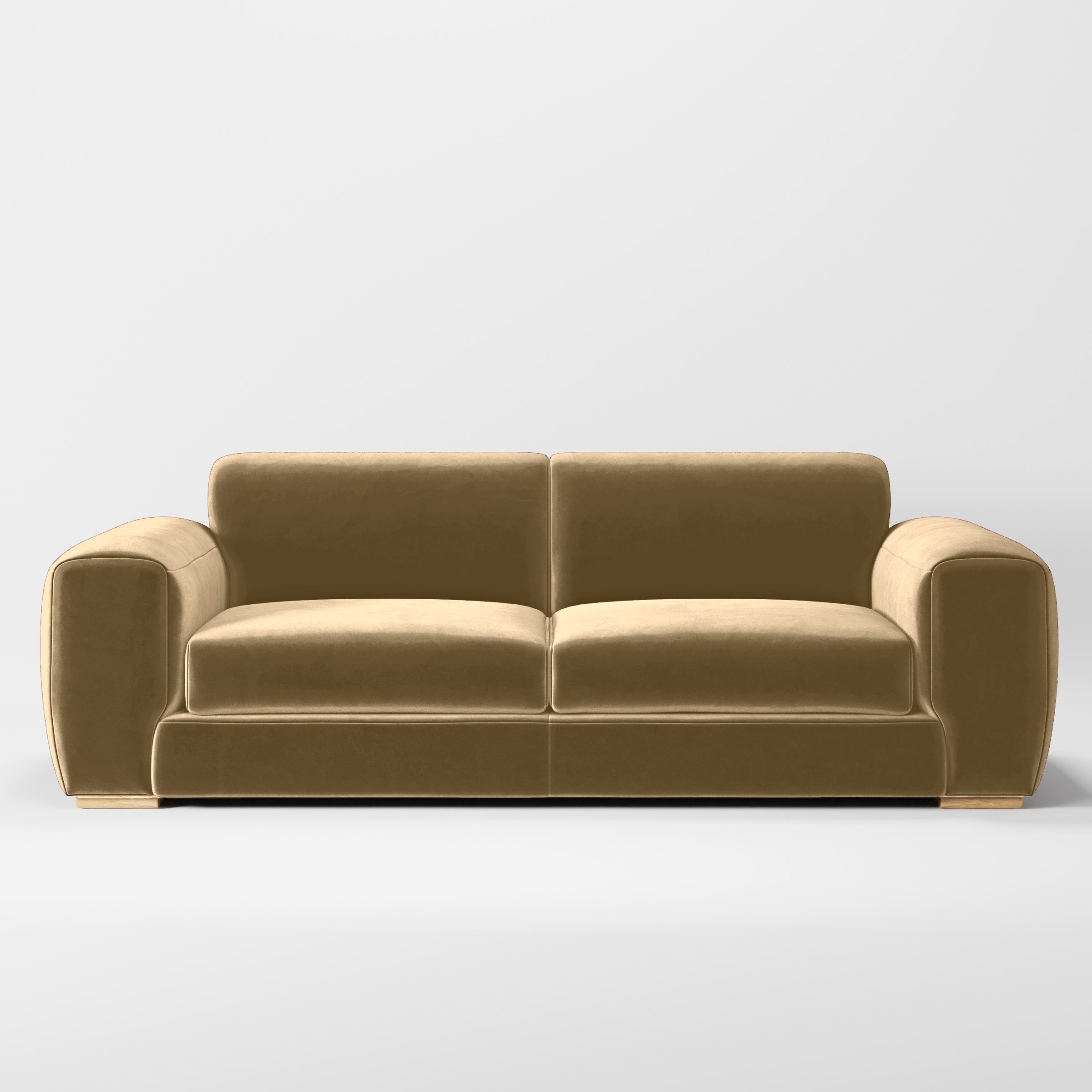 Front view of the Darwell sofa upholstered in Plush EasyClean Velvet in Cafe.