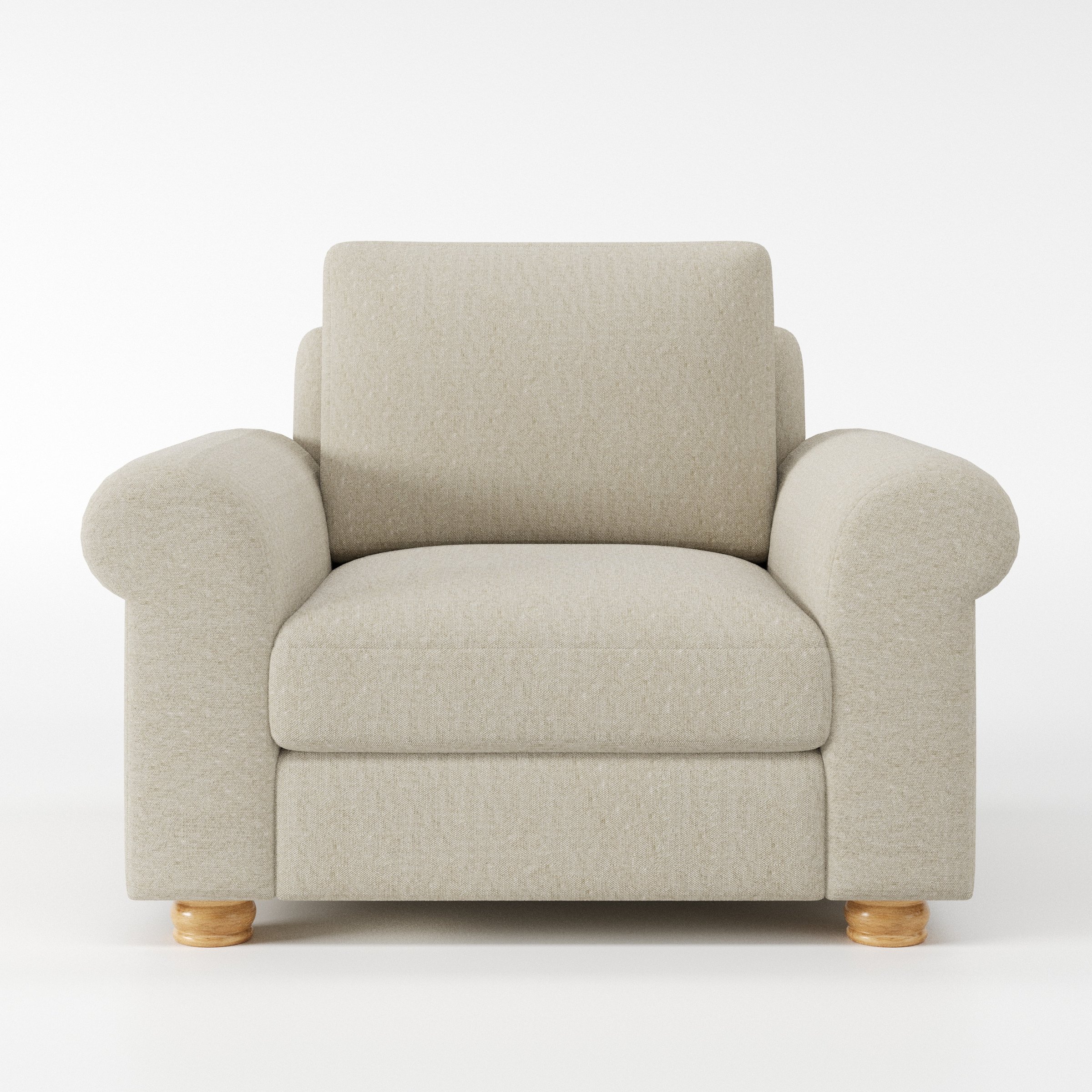 Anna Lee armchair in Alderney Linen Oatmeal shown front-on against a neutral studio backdrop.