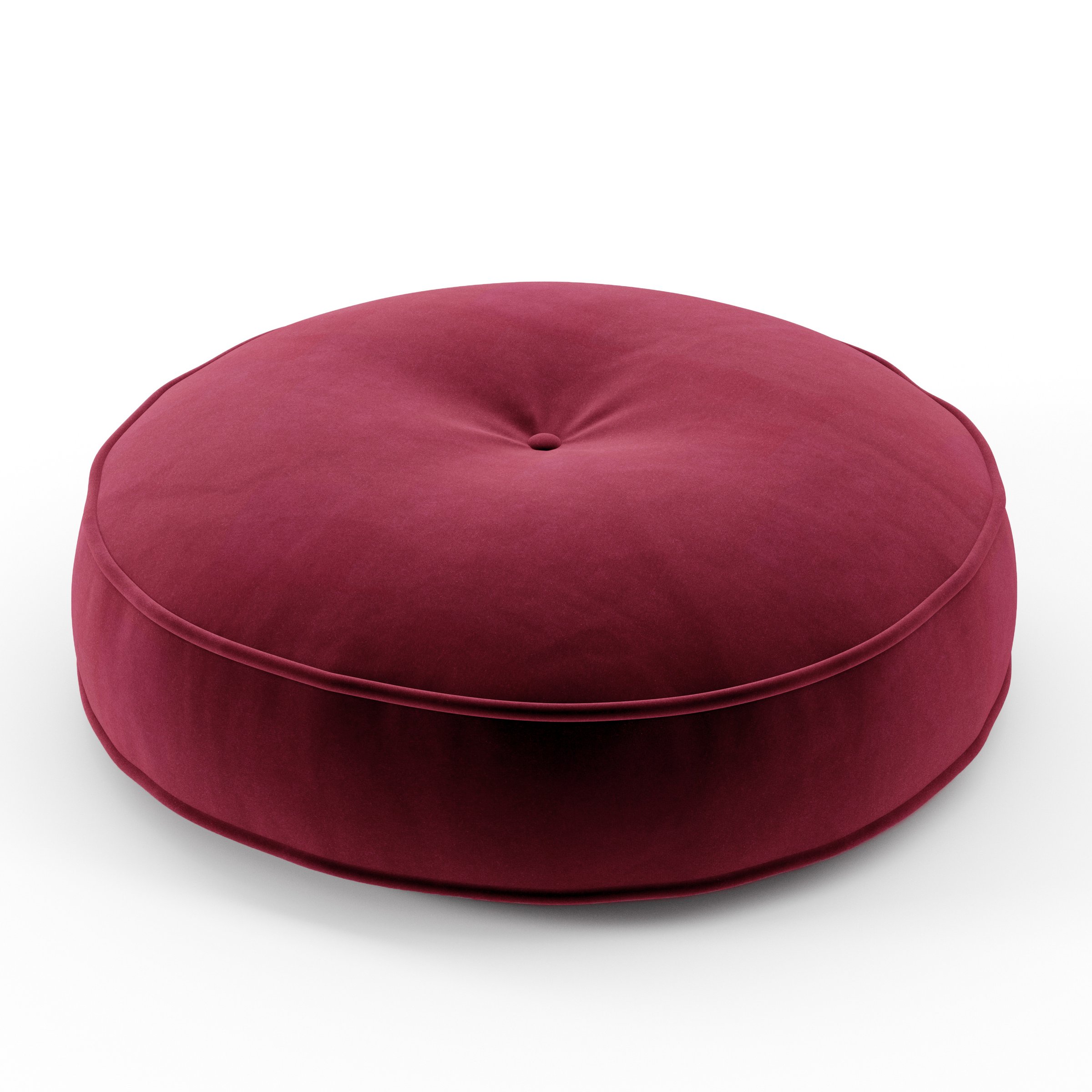 Cove cushion in Noss Velvet Plum, round tufted cushion with border and piping in deep plum velvet with soft central tuft, size 50cm x 8.75cm