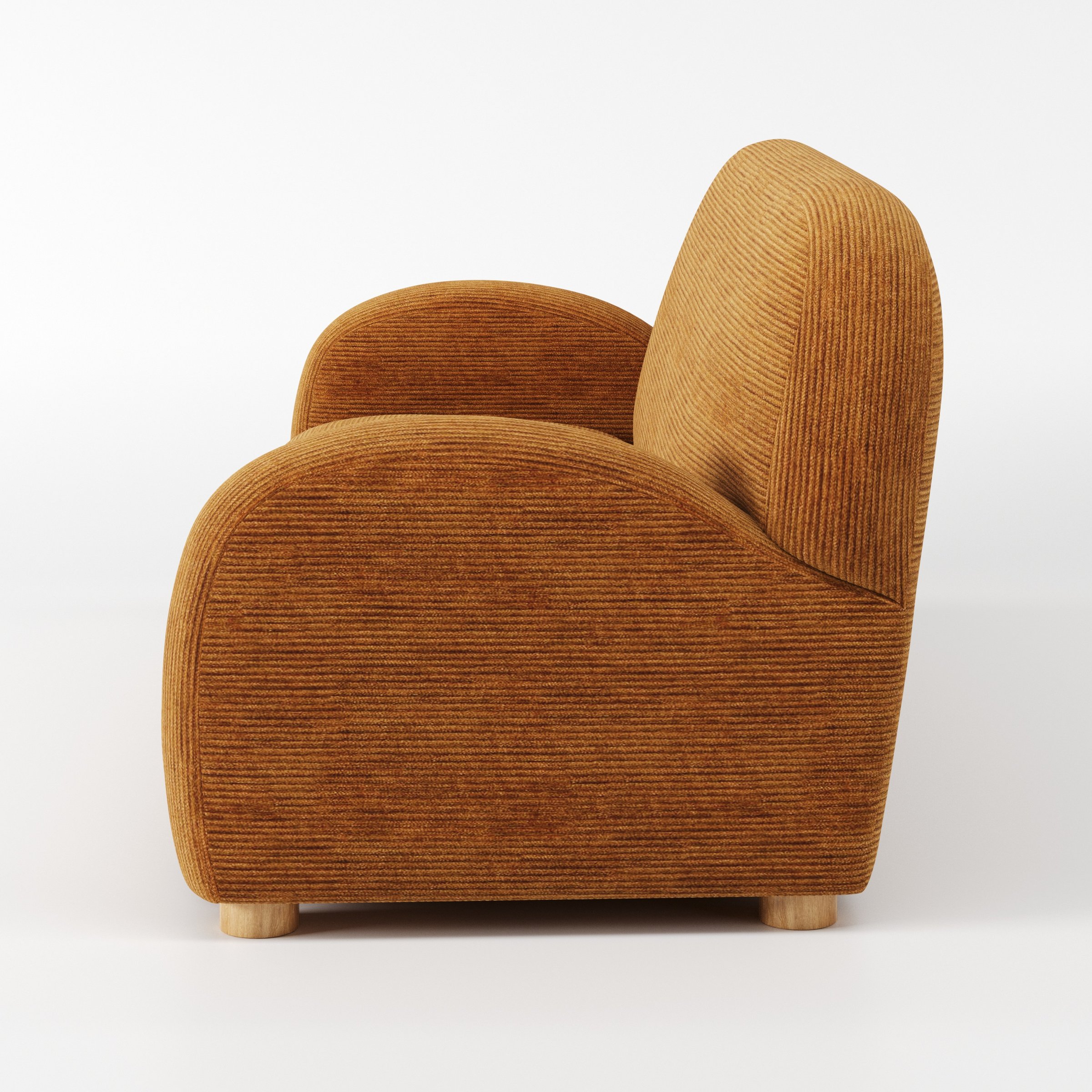 Awe sofa in Caldey Velvet Corduroy Tobacco shown in side profile displaying proportions and overall silhouette.