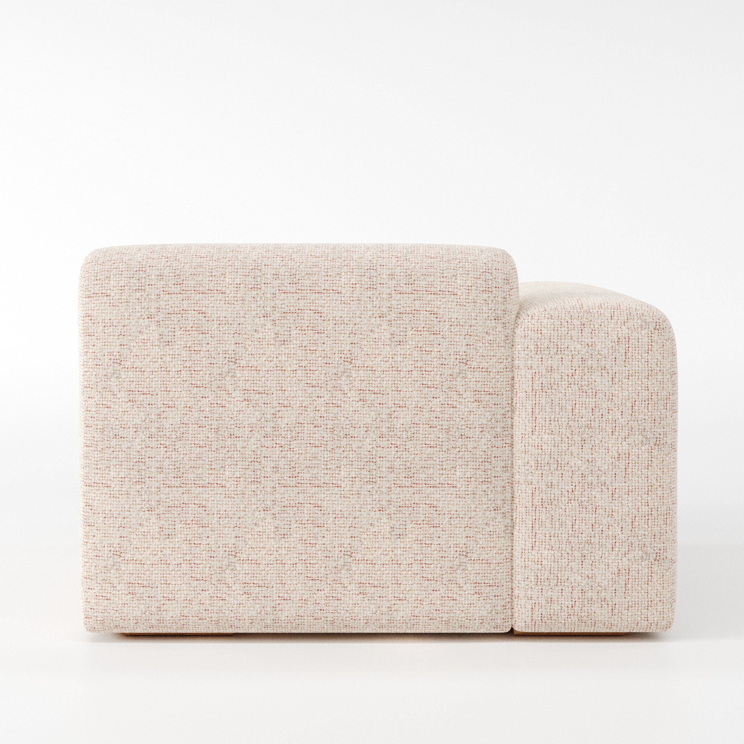 Drumquin modular sofa left side unit in Orsay Bouclé Cream and Copper shown from the back with a smooth, softly curved silhouette and armrest edge visible.