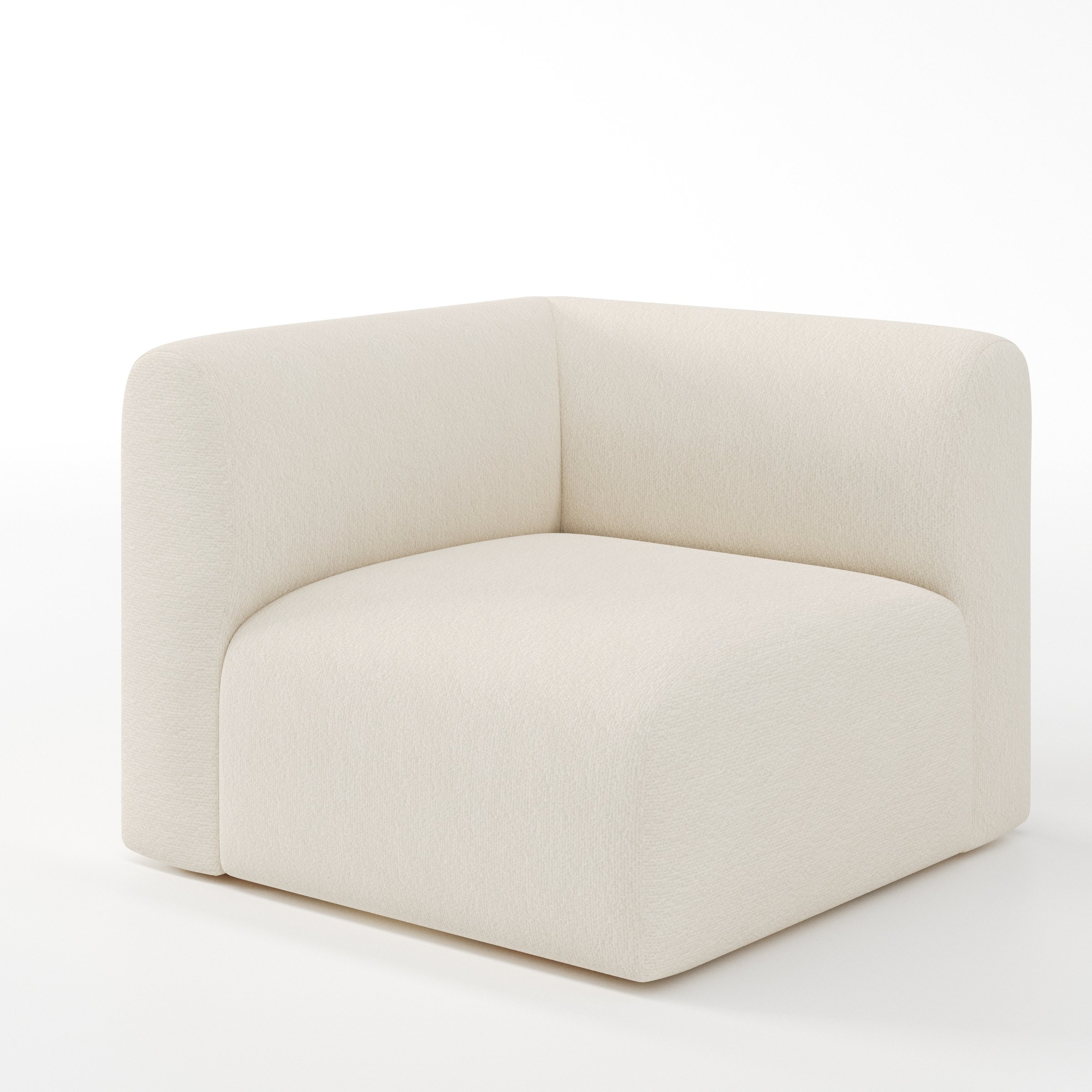 Drumquin modular sofa corner unit in Kilda Bouclé Cream shown at a diagonal angle highlighting the curved corner backrest and deep, enveloping seat.