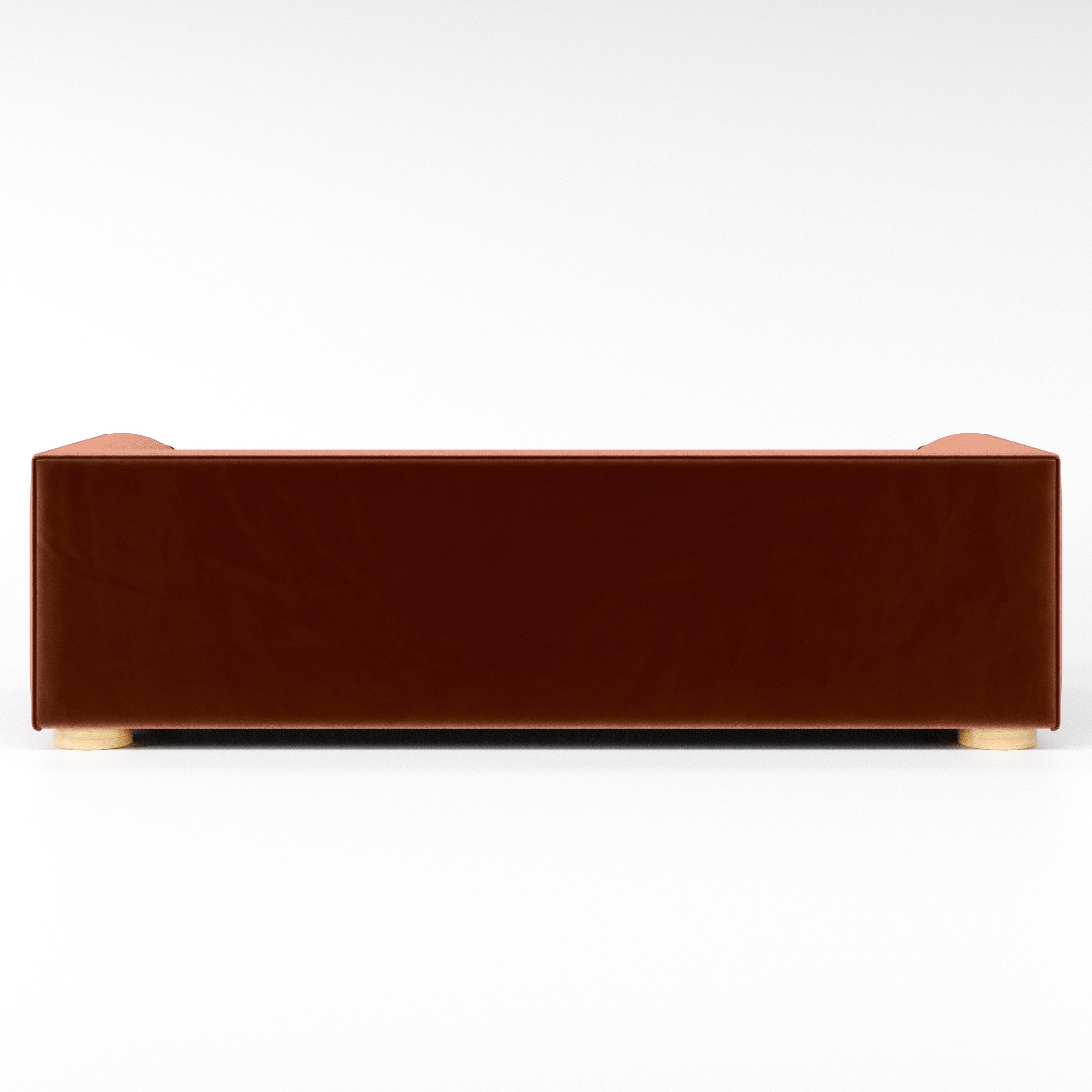 Rear view of the Feale sofa upholstered in Plush EasyClean Velvet in Apricot.