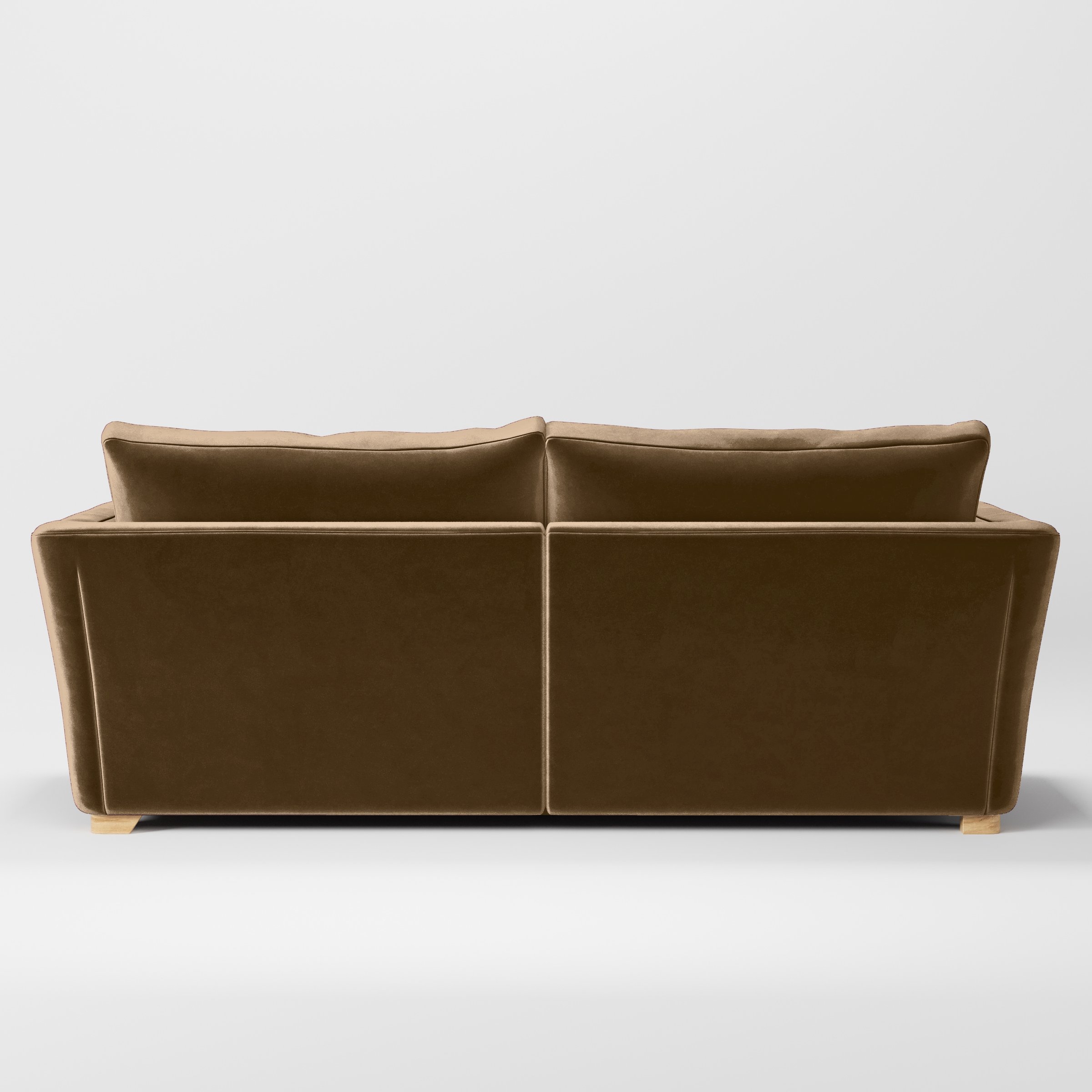 Rear view of the Stowe sofa upholstered in Plush EasyClean Velvet in Caribou.