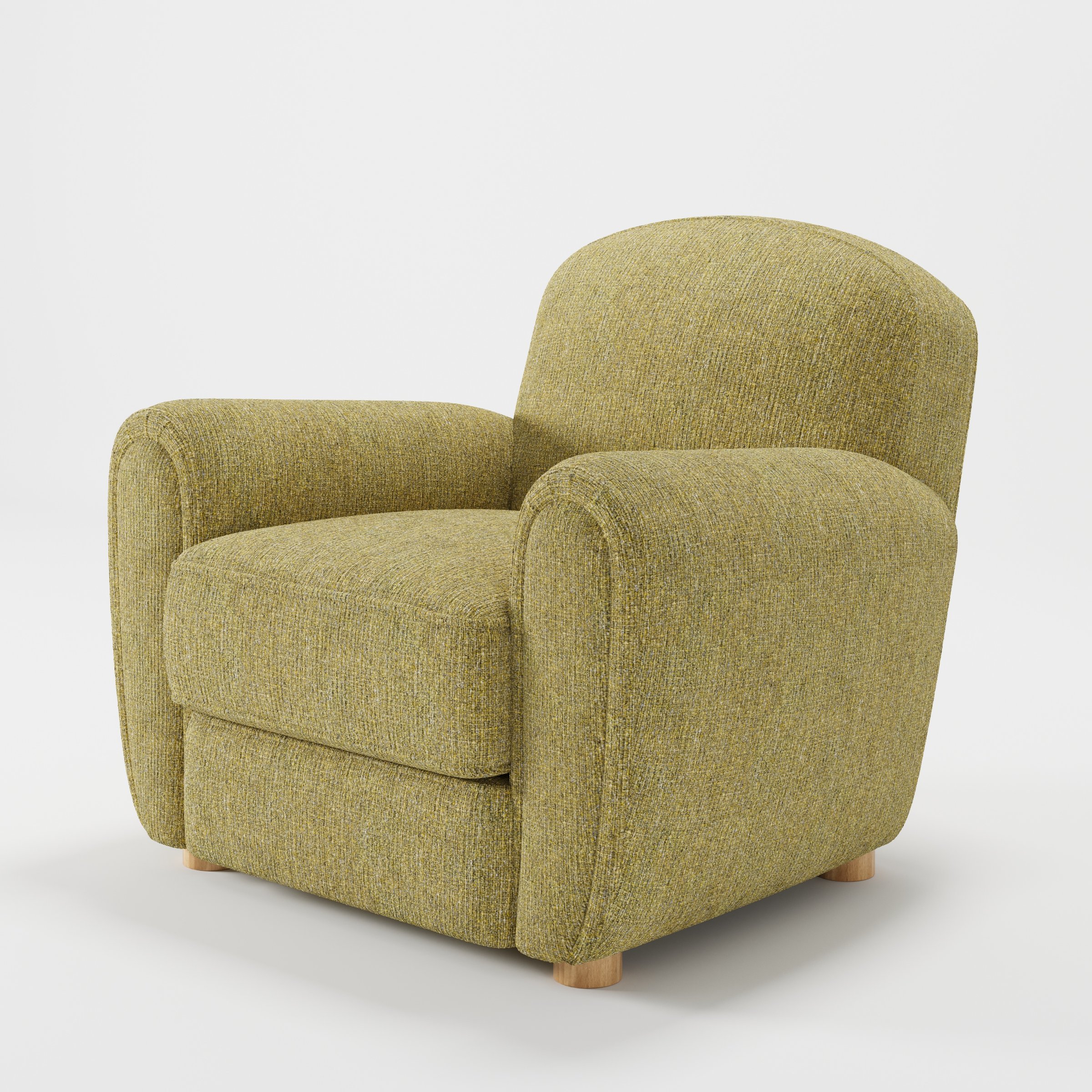 Fergus armchair in Heyling Tweed Sencha shown at a diagonal angle highlighting rounded arms and seat depth.