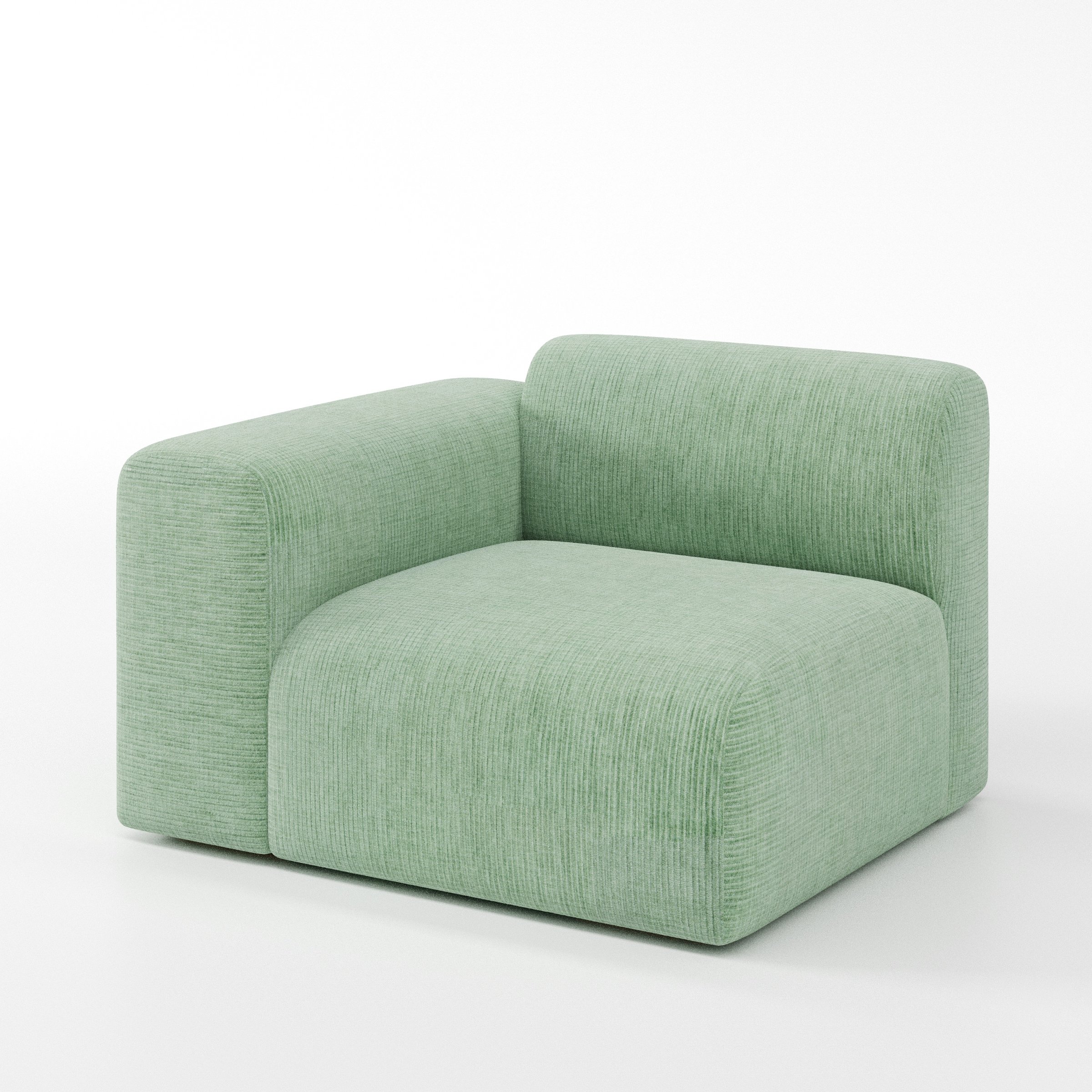 Drumquin modular sofa left side unit in Caldey Velvet Corduroy Eucalyptus shown at a diagonal angle highlighting the curved left armrest and generous seat depth.