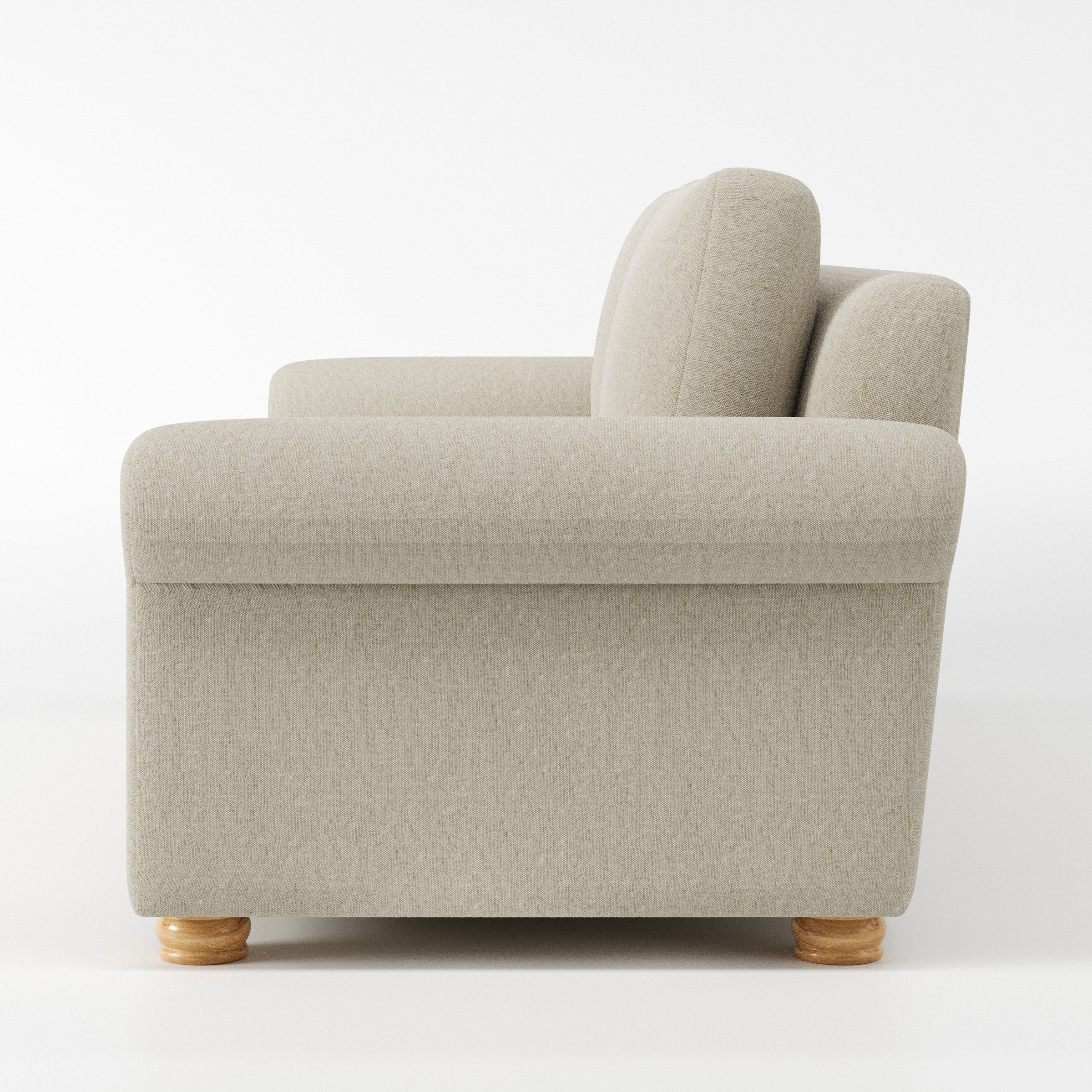 Anna Lee sofa in Alderney Linen Oatmeal shown in side profile displaying proportions and overall silhouette.