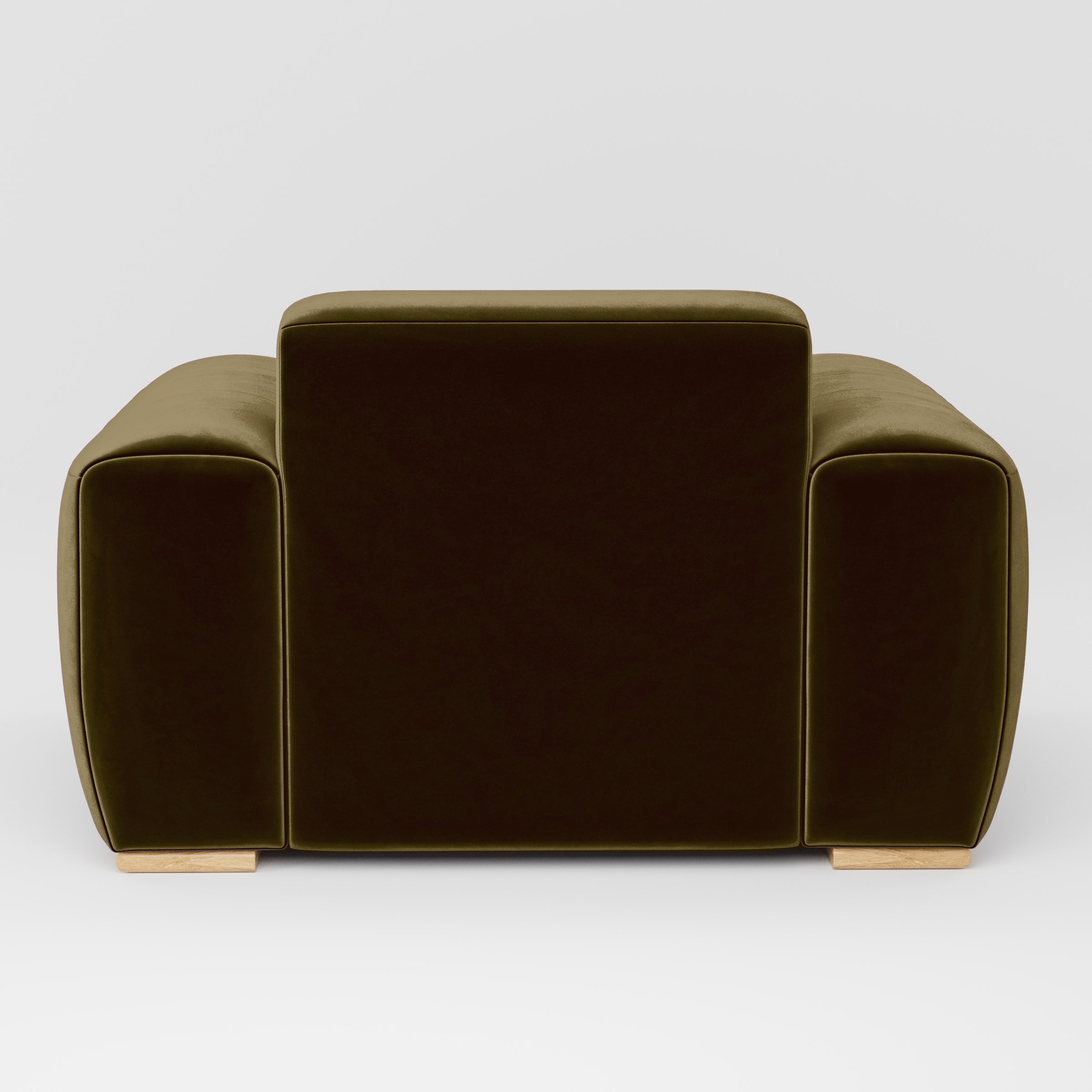 Rear view of the Darwell armchair upholstered in Plush EasyClean Velvet in Cedar.