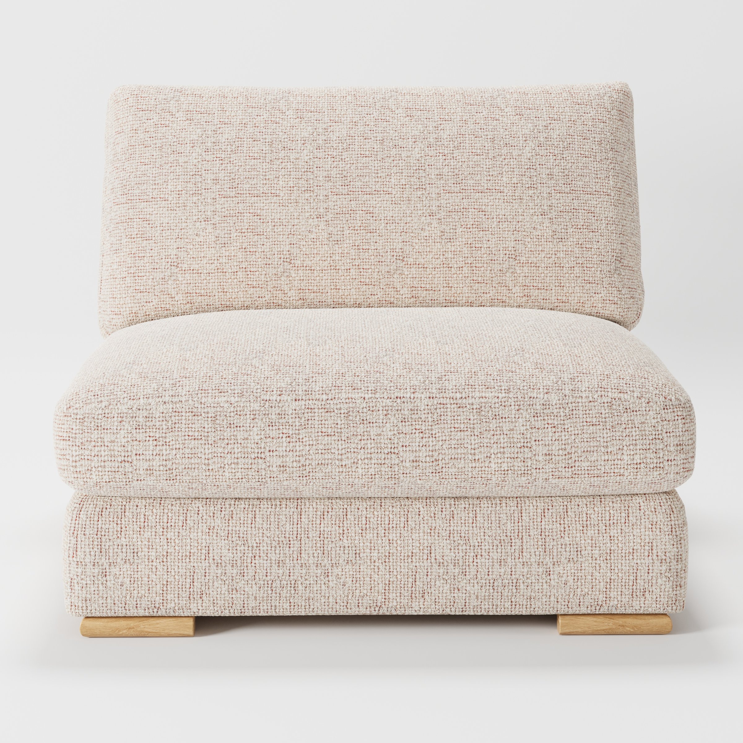 Olton single sofa unit in Orsay Bouclé Cream and Copper shown from the front with a deep seat cushion, separate back cushion and visible timber feet.