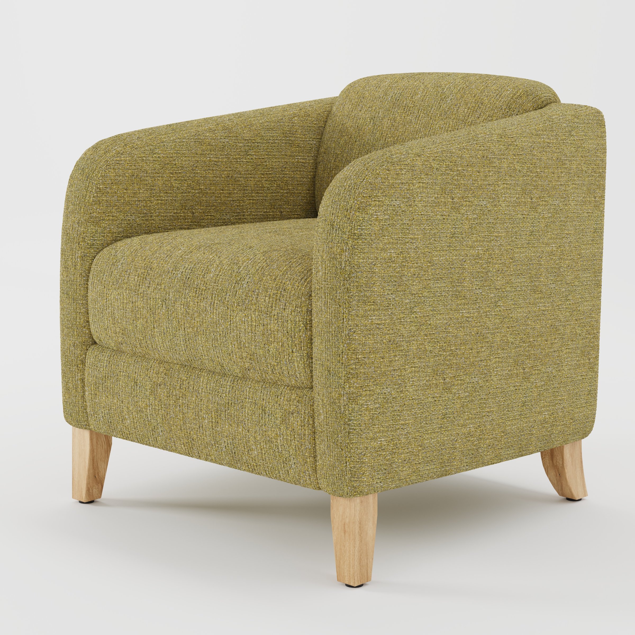 Erne armchair in Heyling Tweed Sencha shown at a diagonal angle highlighting curved arms and compact seat depth.