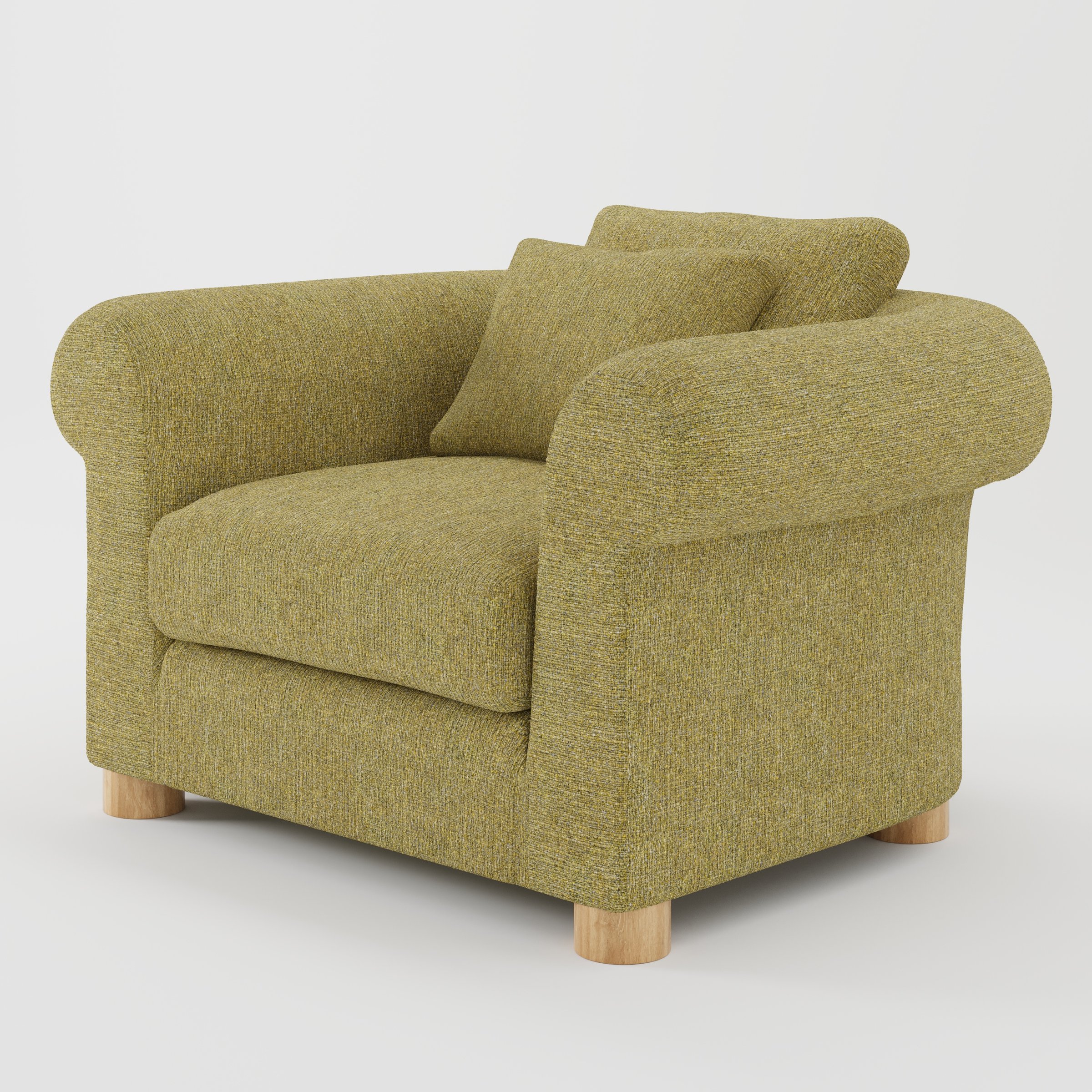 Windermere armchair in Heyling Tweed Sencha shown at a diagonal angle highlighting rounded arms and relaxed seat depth.