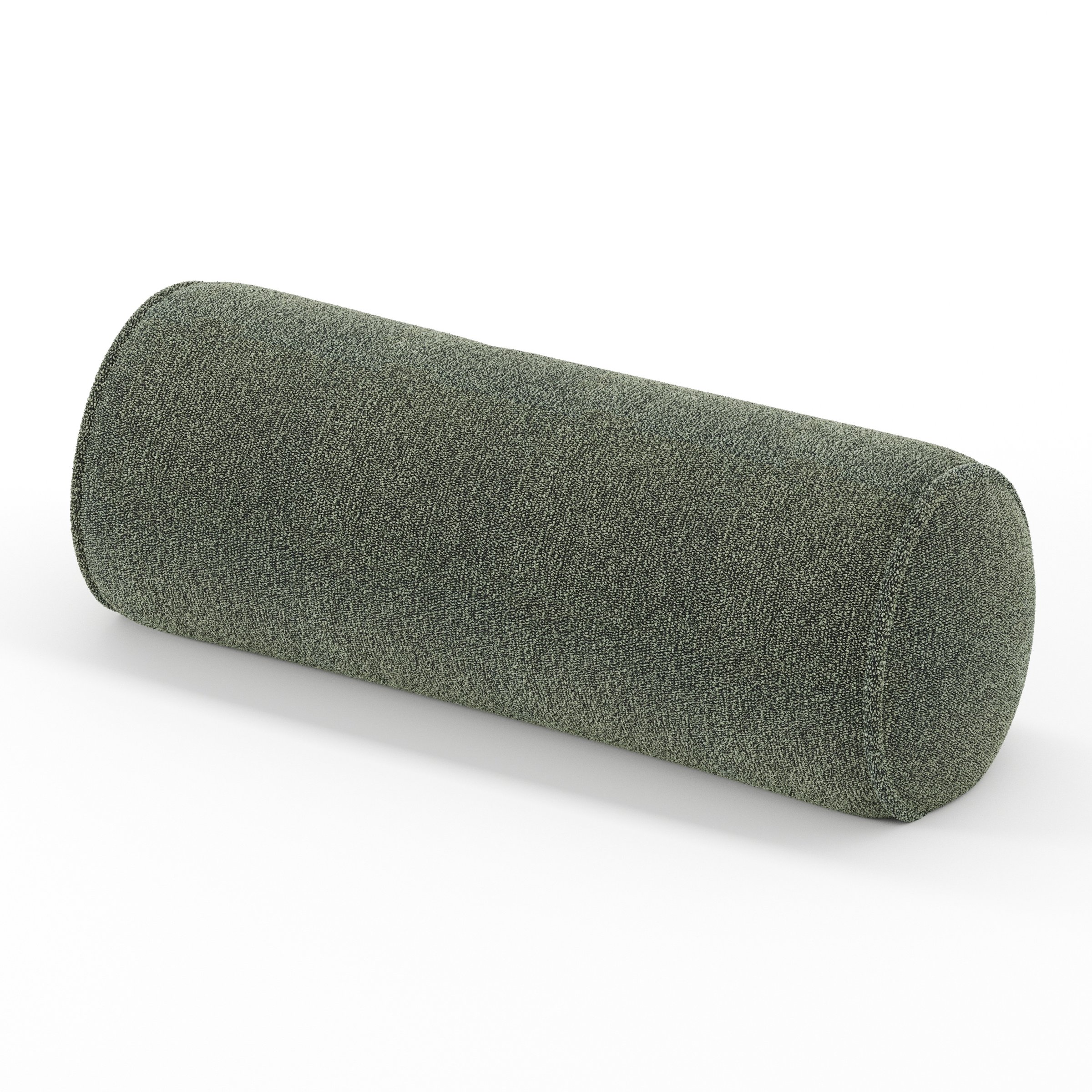 Ledger cushion in Kilda Boucle Moss, cylindrical bolster cushion in textured moss green boucle, size 20cm x 56cm