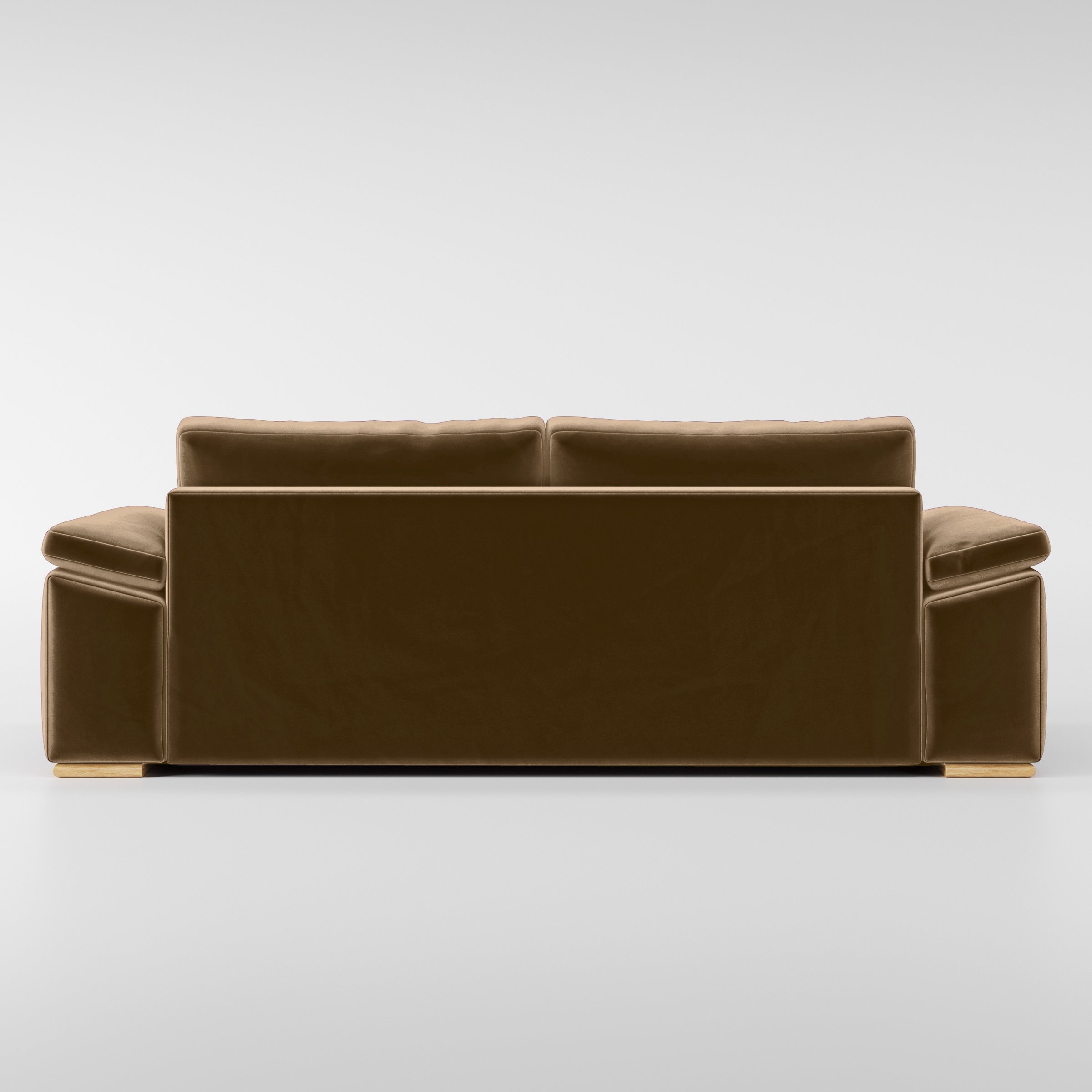 Rear view of the Moy sofa upholstered in Plush EasyClean Velvet in Caribou.
