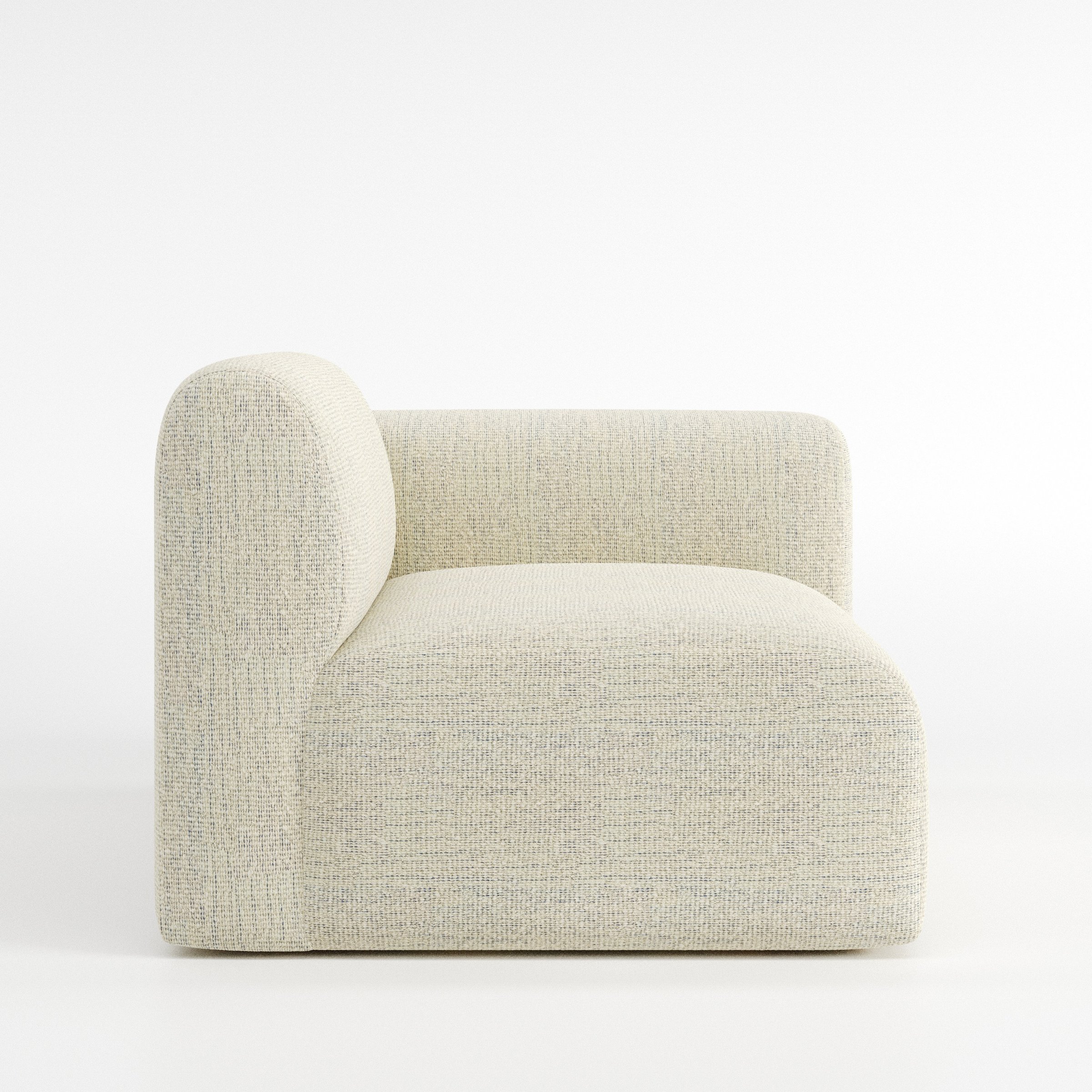 Drumquin modular sofa right side unit in Orsay Bouclé Cream and Marine shown from the side showing the rounded right armrest and deep seat profile.