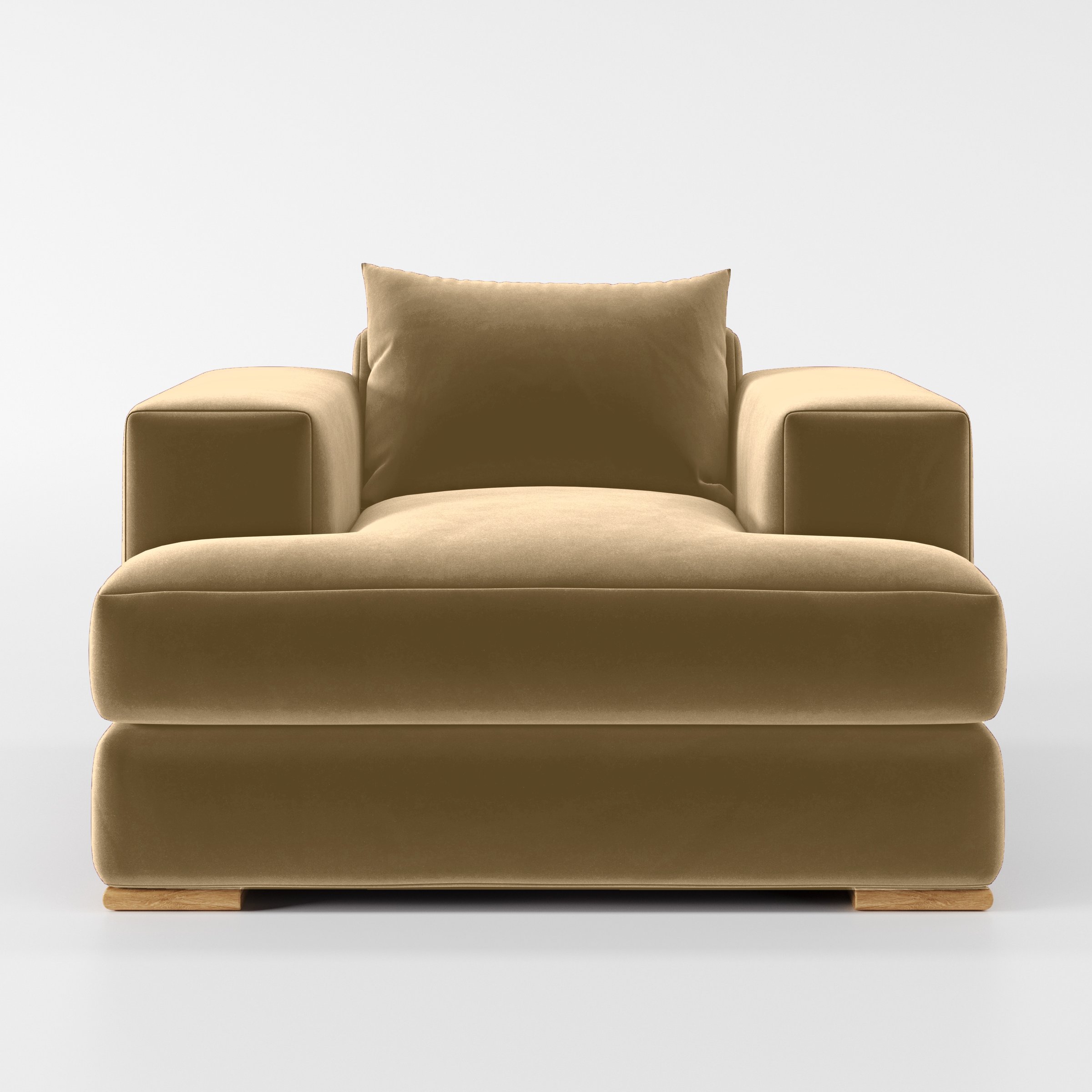 Front view of the Fane armchair upholstered in Plush EasyClean Velvet in Cafe.