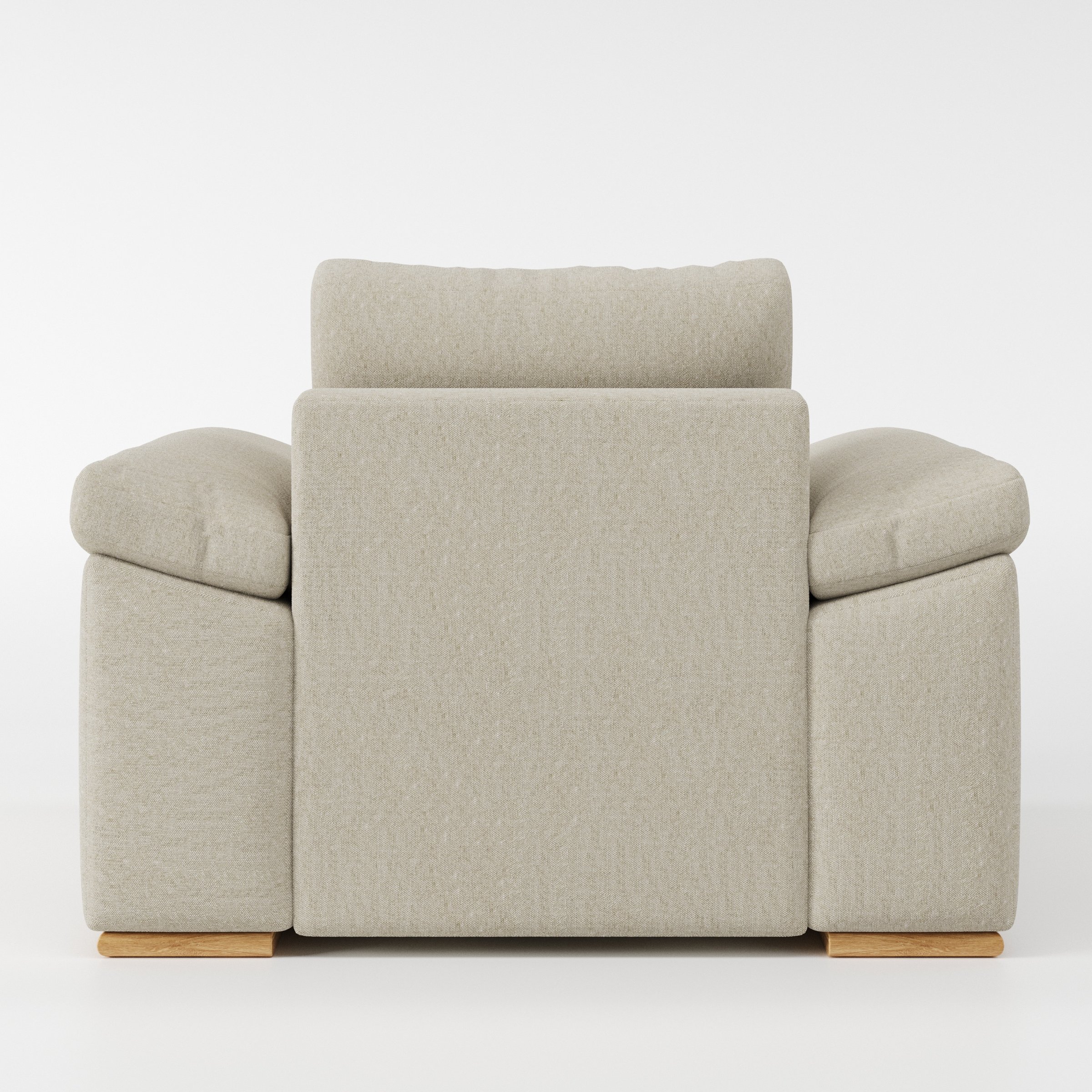 Moy armchair in Alderney Linen Oatmeal shown from the rear highlighting backrest shape and upholstery finish.