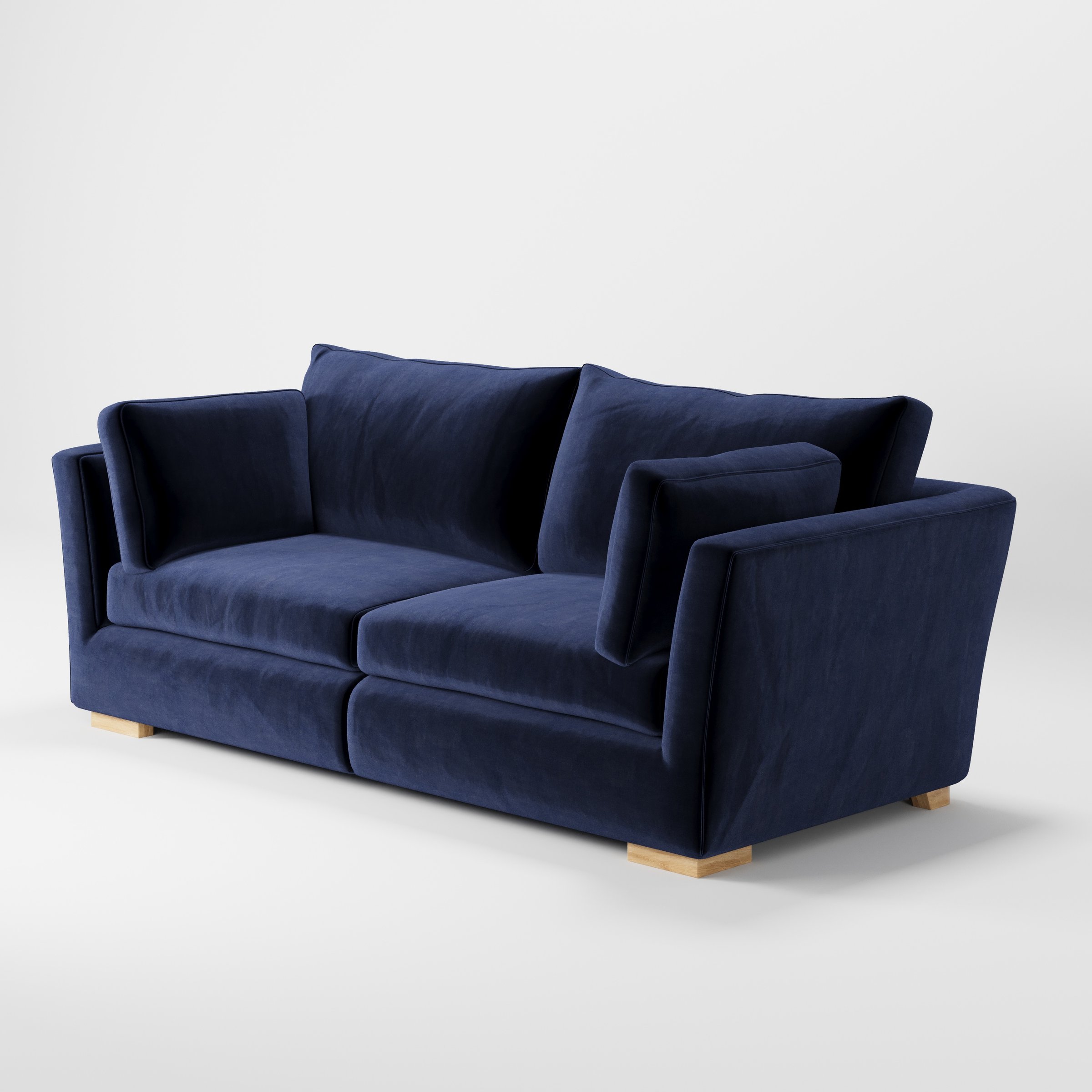 Stowe sofa in Noss Velvet Navy shown at a diagonal angle highlighting arm profile and seat depth.