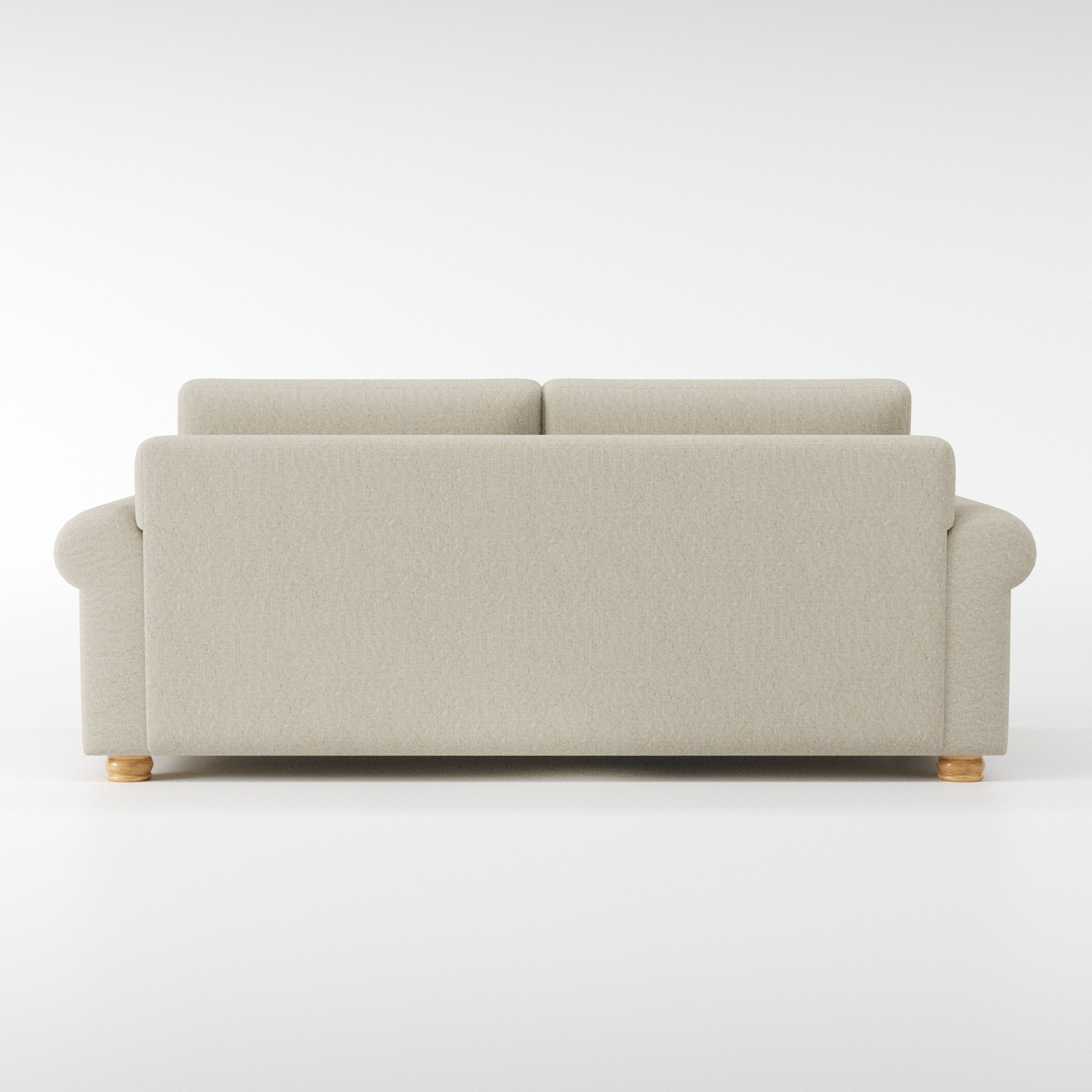 Anna Lee sofa in Alderney Linen Oatmeal shown from the rear highlighting back cushions and upholstery finish.